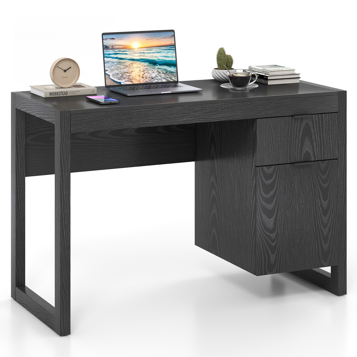 Gymax Computer Desk w/ Storage Cabinet Pull-out Drawer Stable Thick Legs for Bedroom Black