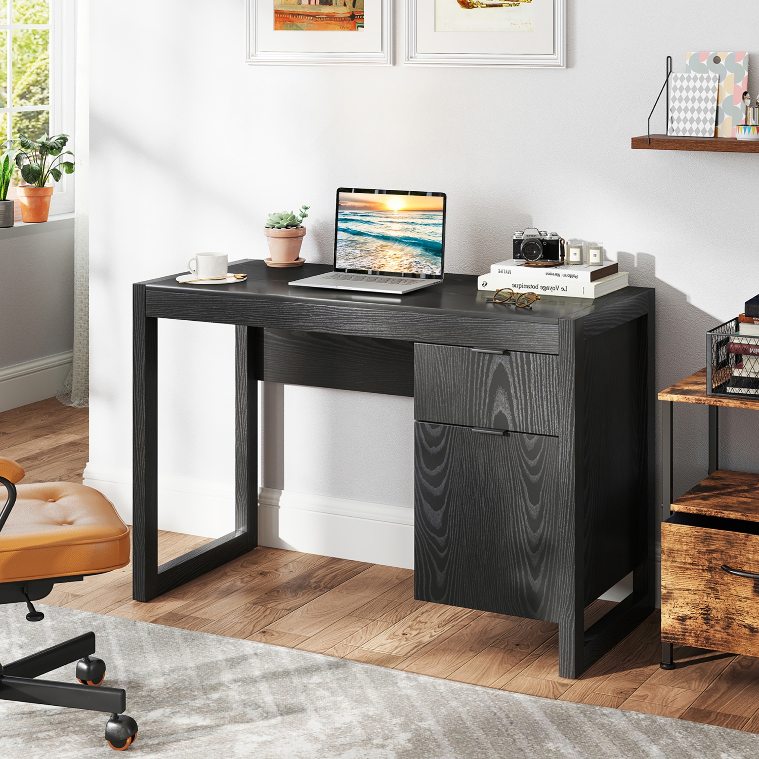 Gymax Computer Desk w/ Storage Cabinet Pull-out Drawer Stable Thick Legs for Bedroom Black