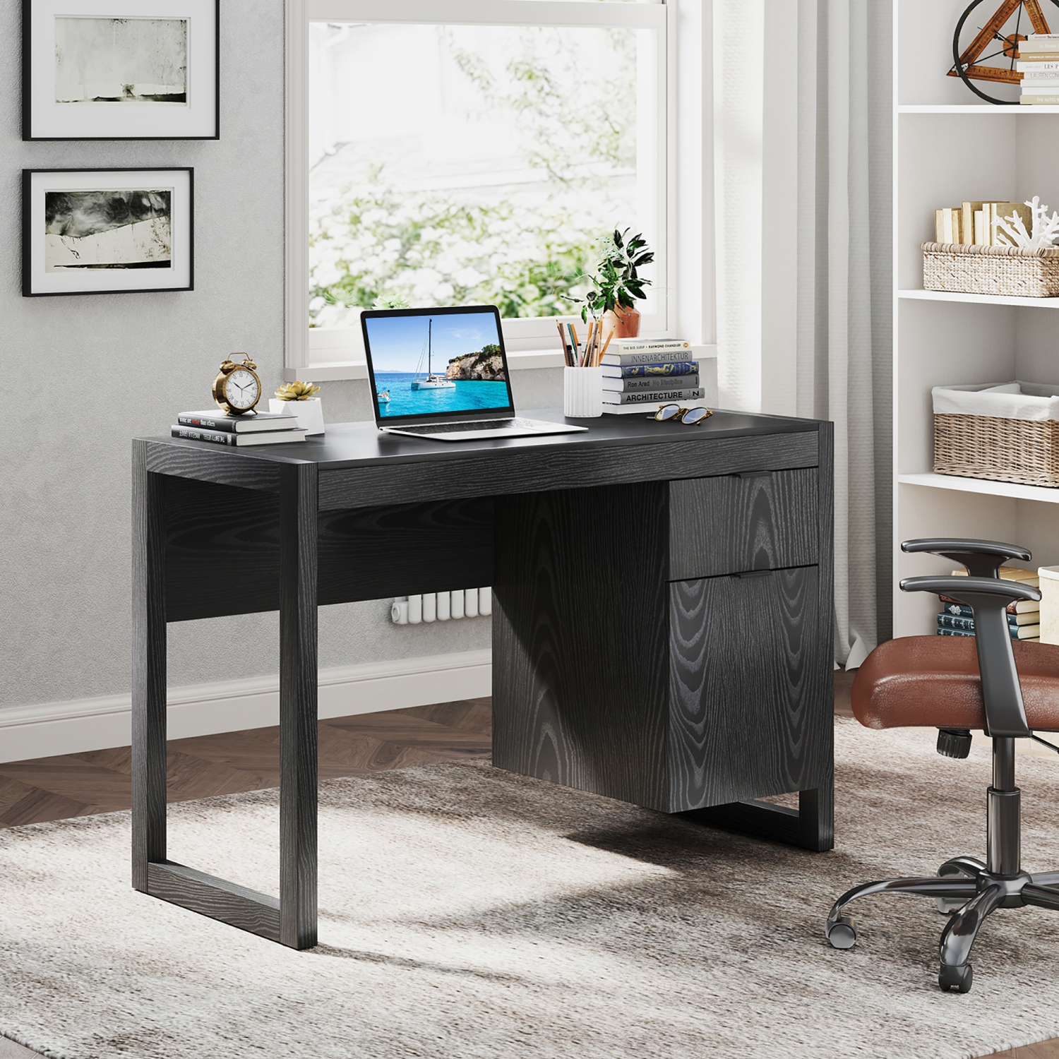 Gymax Computer Desk w/ Storage Cabinet Pull-out Drawer Stable Thick Legs for Bedroom Black