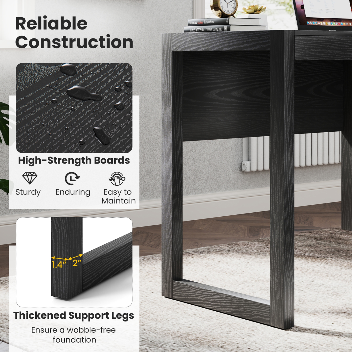 Gymax Computer Desk w/ Storage Cabinet Pull-out Drawer Stable Thick Legs for Bedroom Black