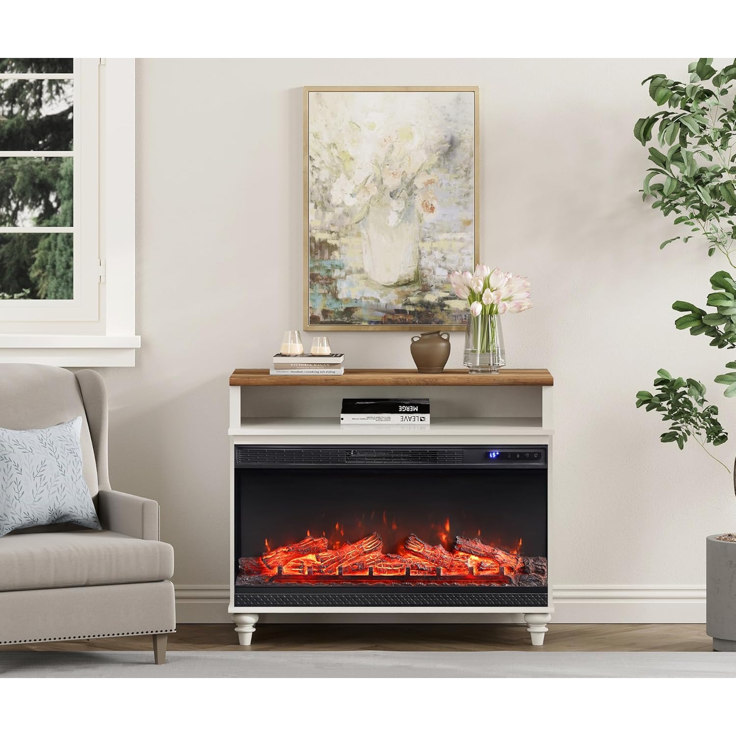 Meuble pour téléviseur WAMPAT avec foyer à 3 côtés pour téléviseur jusqu'à 43 po, centre de divertissement avec foyer électrique en verre de