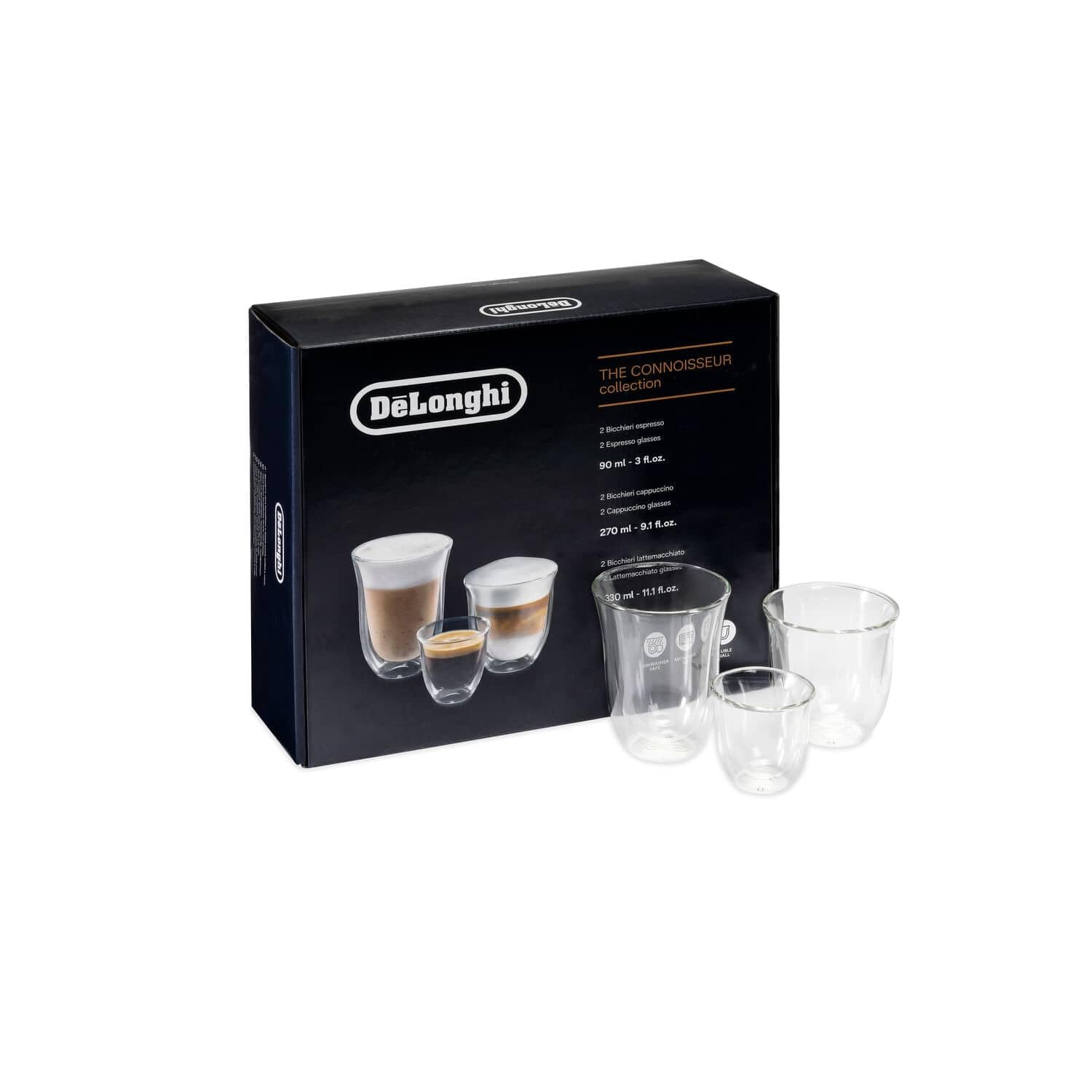 De'Longhi – Ensemble-cadeau Trio 2, espresso, 2 cappuccino, 2 verres isothermes à double paroi, DLSC302