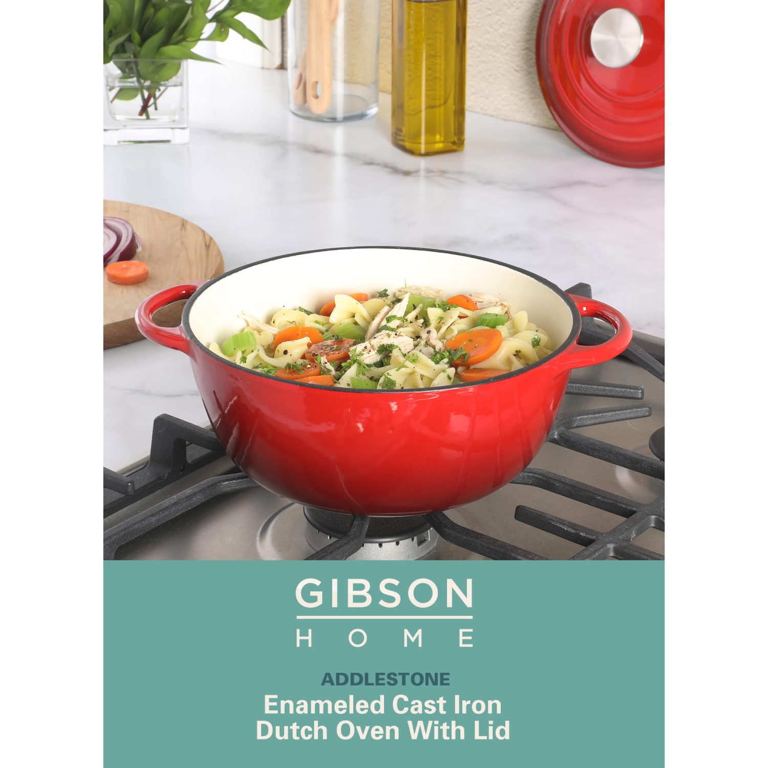 Gibson Home Addlestone 2.65 Quart Round Enamel Cast Iron Dutch Oven Pot With Lid & Dual Handles - Red