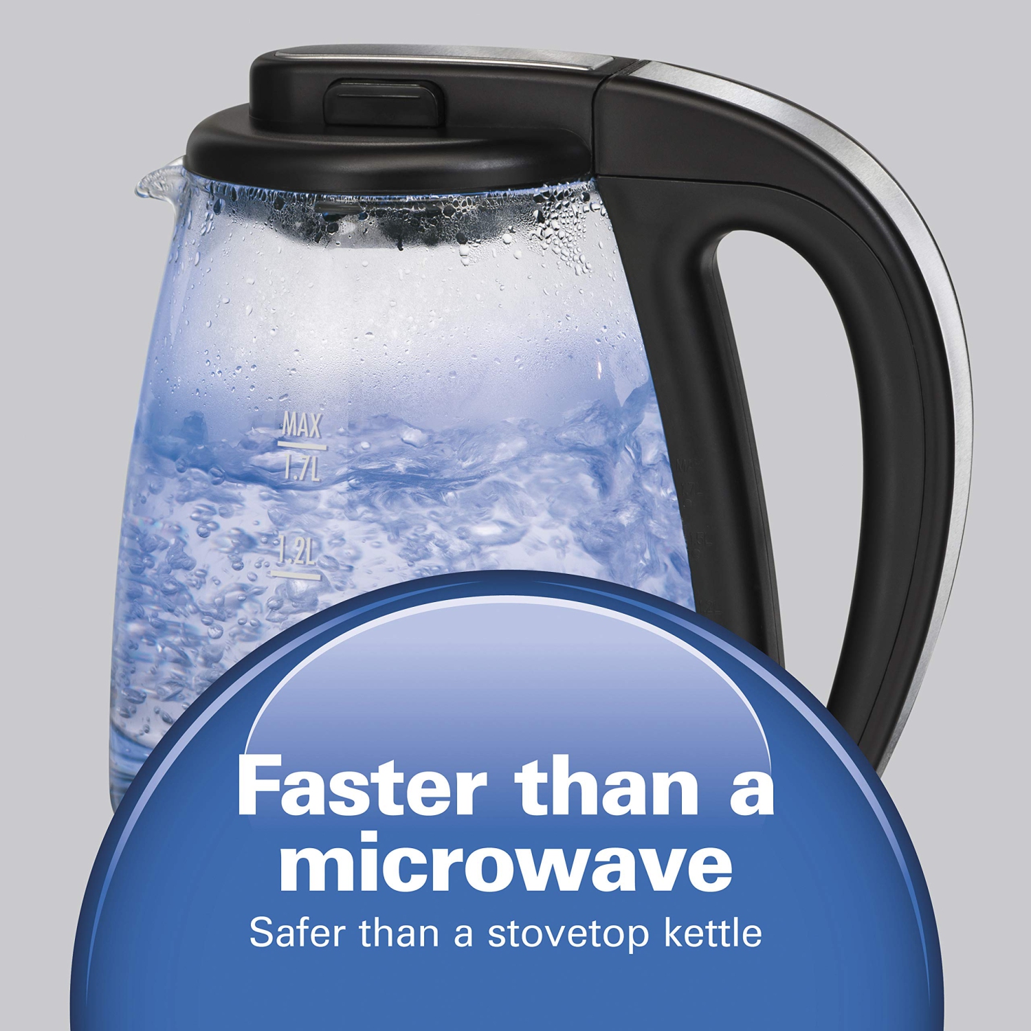Bouilloire électrique en verre 40864C de Hamiton Beach, capacité de 1,7 litres, arrêt automatique, conception sans fil, acier inoxydable