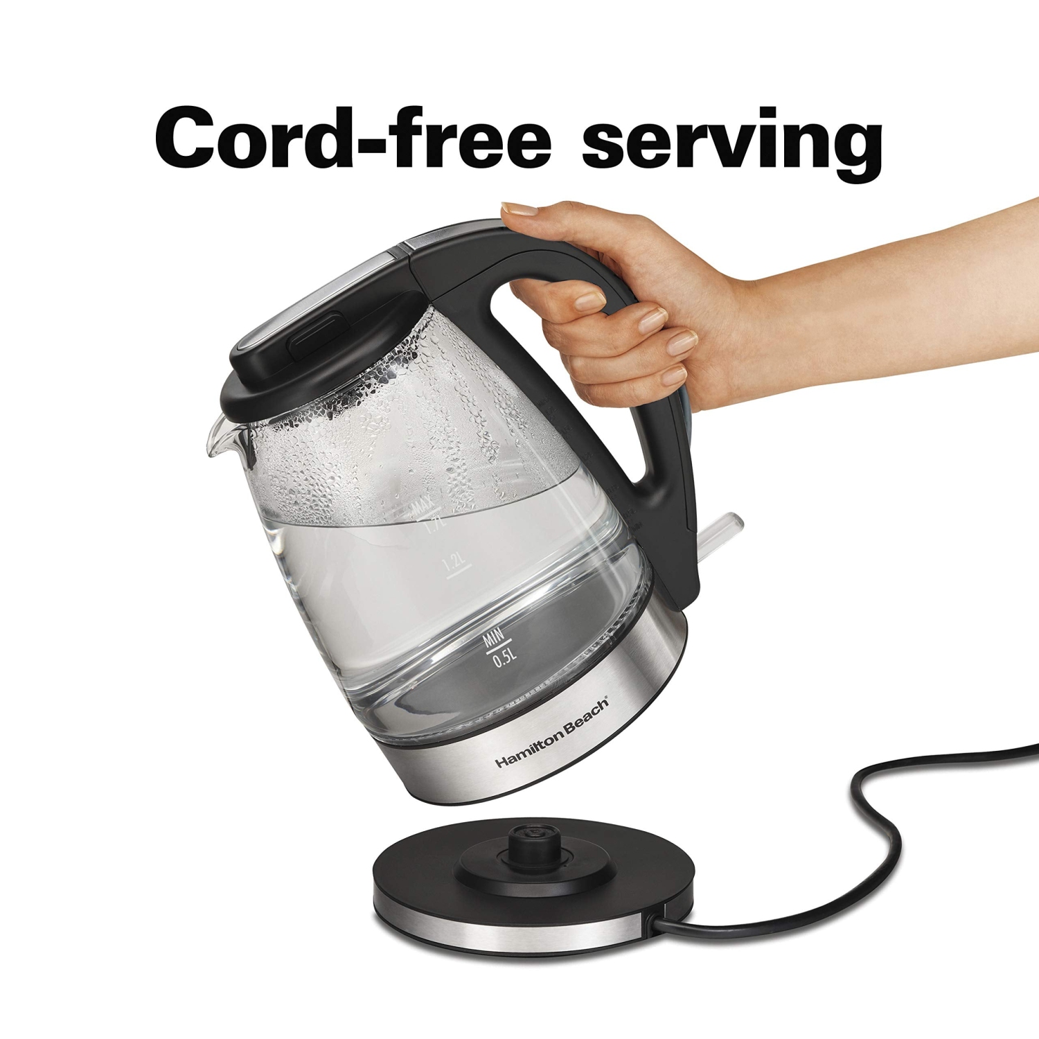 Bouilloire électrique en verre 40864C de Hamiton Beach, capacité de 1,7 litres, arrêt automatique, conception sans fil, acier inoxydable