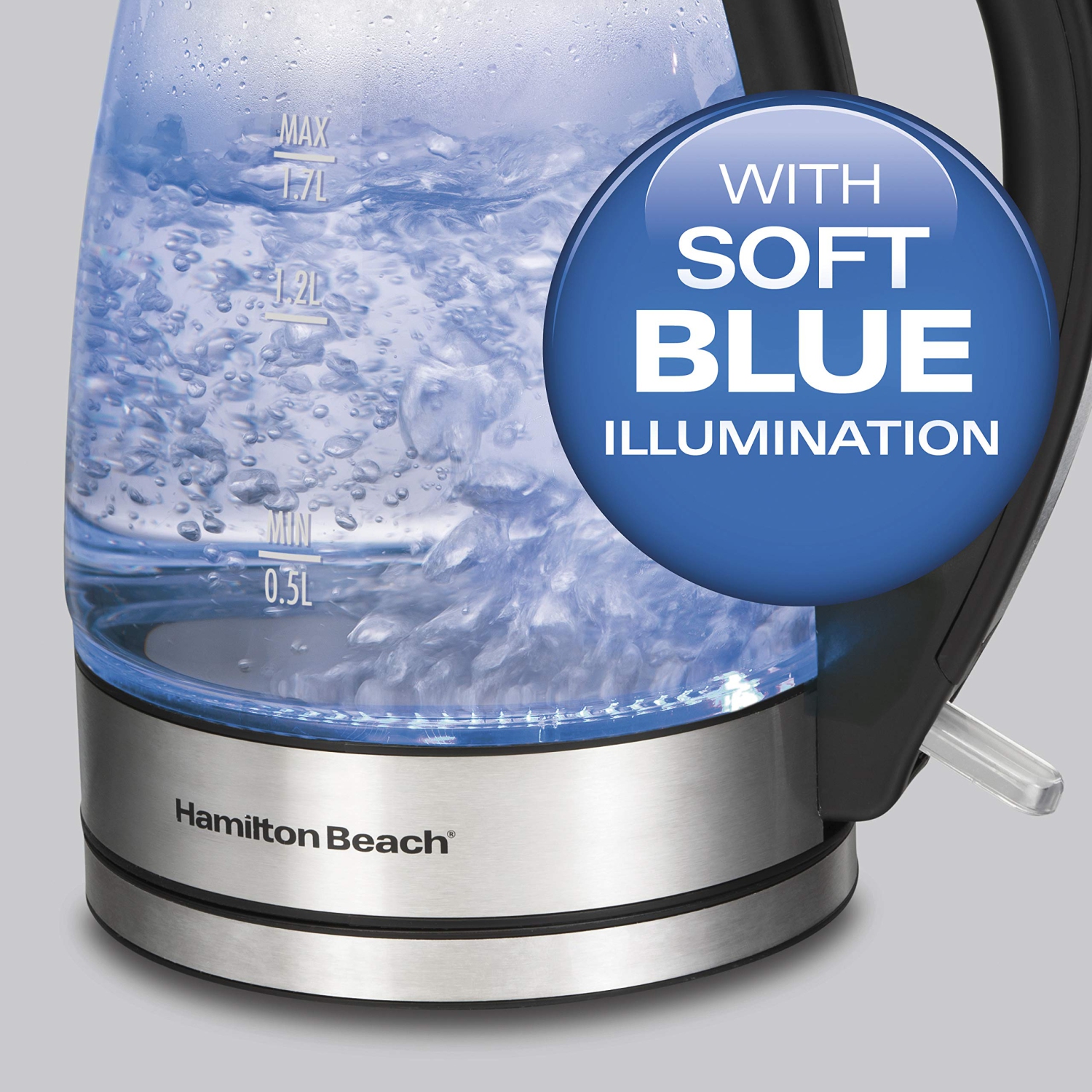 Bouilloire électrique en verre 40864C de Hamiton Beach, capacité de 1,7 litres, arrêt automatique, conception sans fil, acier inoxydable