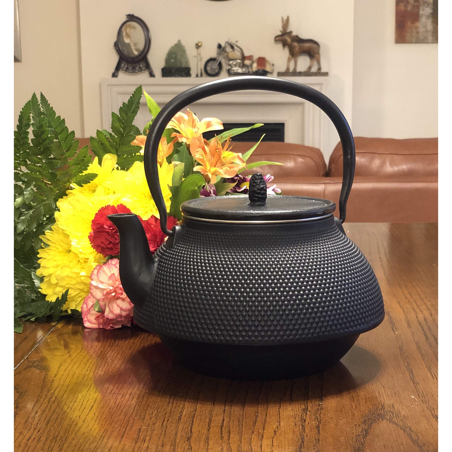 Cuisiland Large 66 OZ Hobnail Cast Iron Teapot Enameled Interior and Stainless Steel Infuser