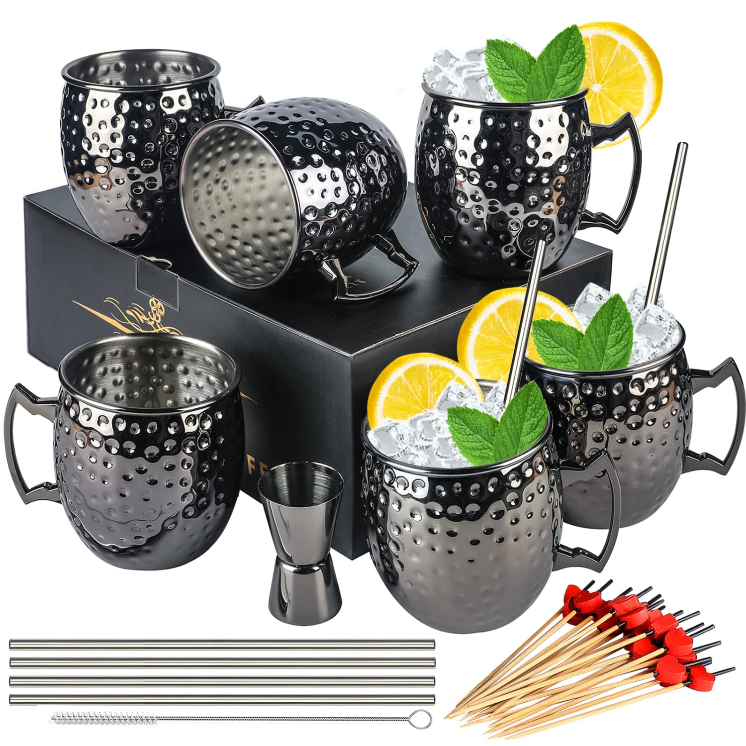 Moscow Mule Mugs- Set of 6 Gunmetal Black Plated 18oz Stainless Steel Mug Double Jigger Chilled Drink Cocktail Mug (6p..