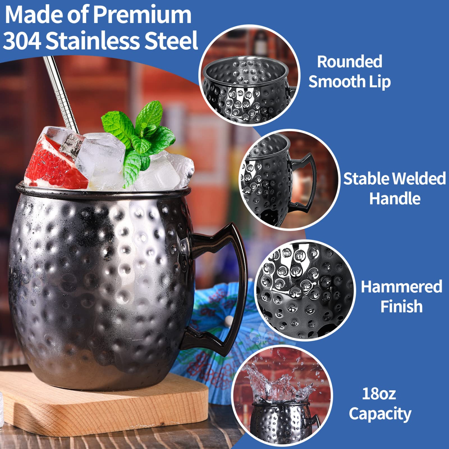 Moscow Mule Mugs- Set of 6 Gunmetal Black Plated 18oz Stainless Steel Mug Double Jigger Chilled Drink Cocktail Mug (6p..