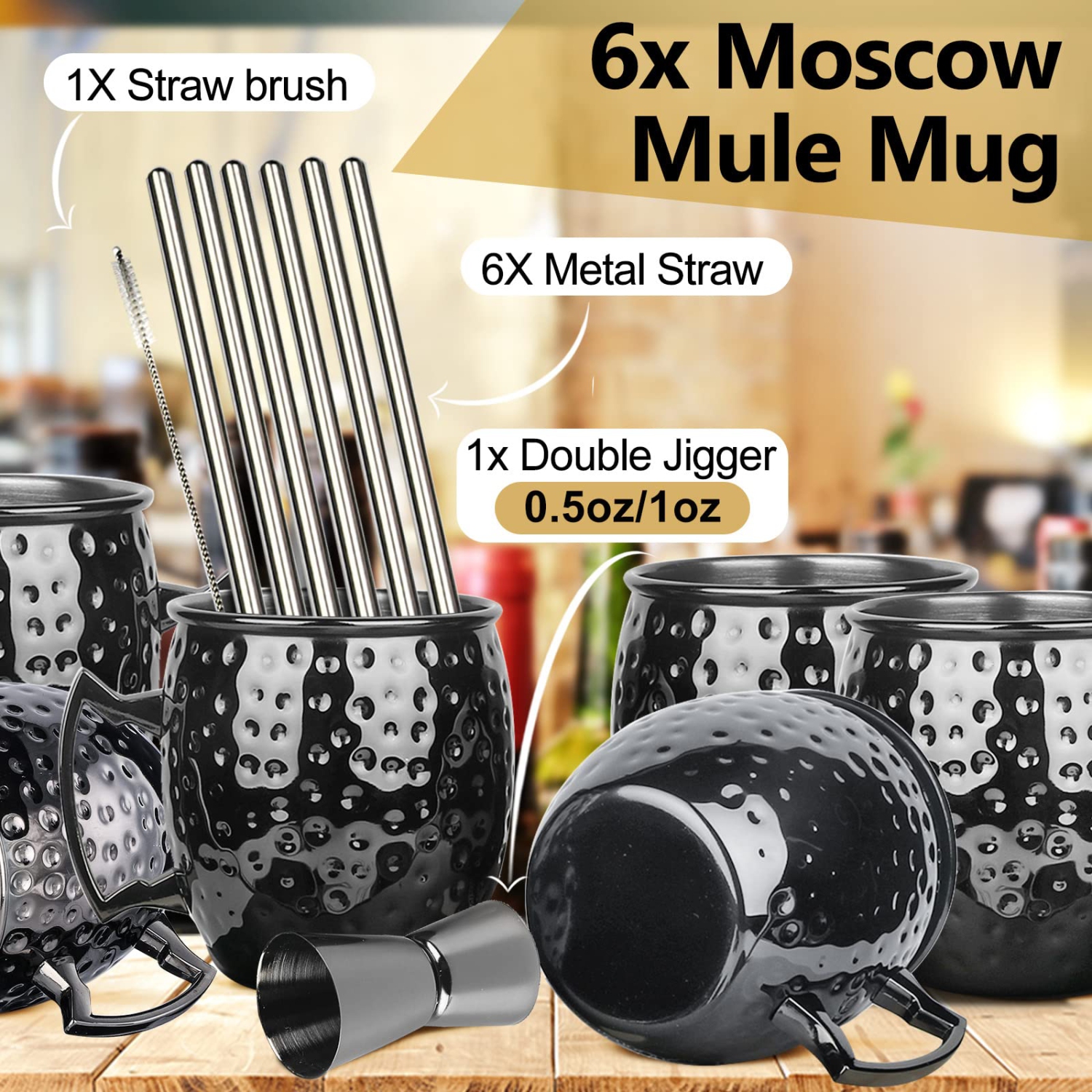 Moscow Mule Mugs- Set of 6 Gunmetal Black Plated 18oz Stainless Steel Mug Double Jigger Chilled Drink Cocktail Mug (6p..