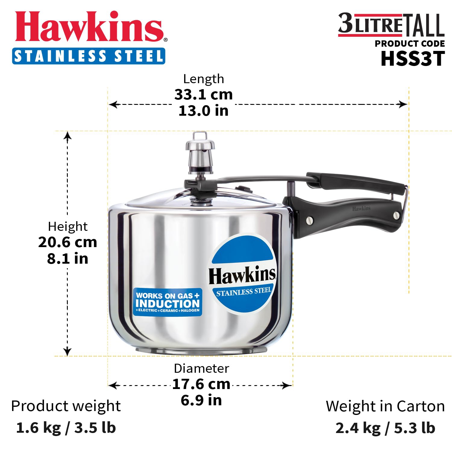 Hawkins B33 Pressure Cooker Stainless Steel, Small, Silver