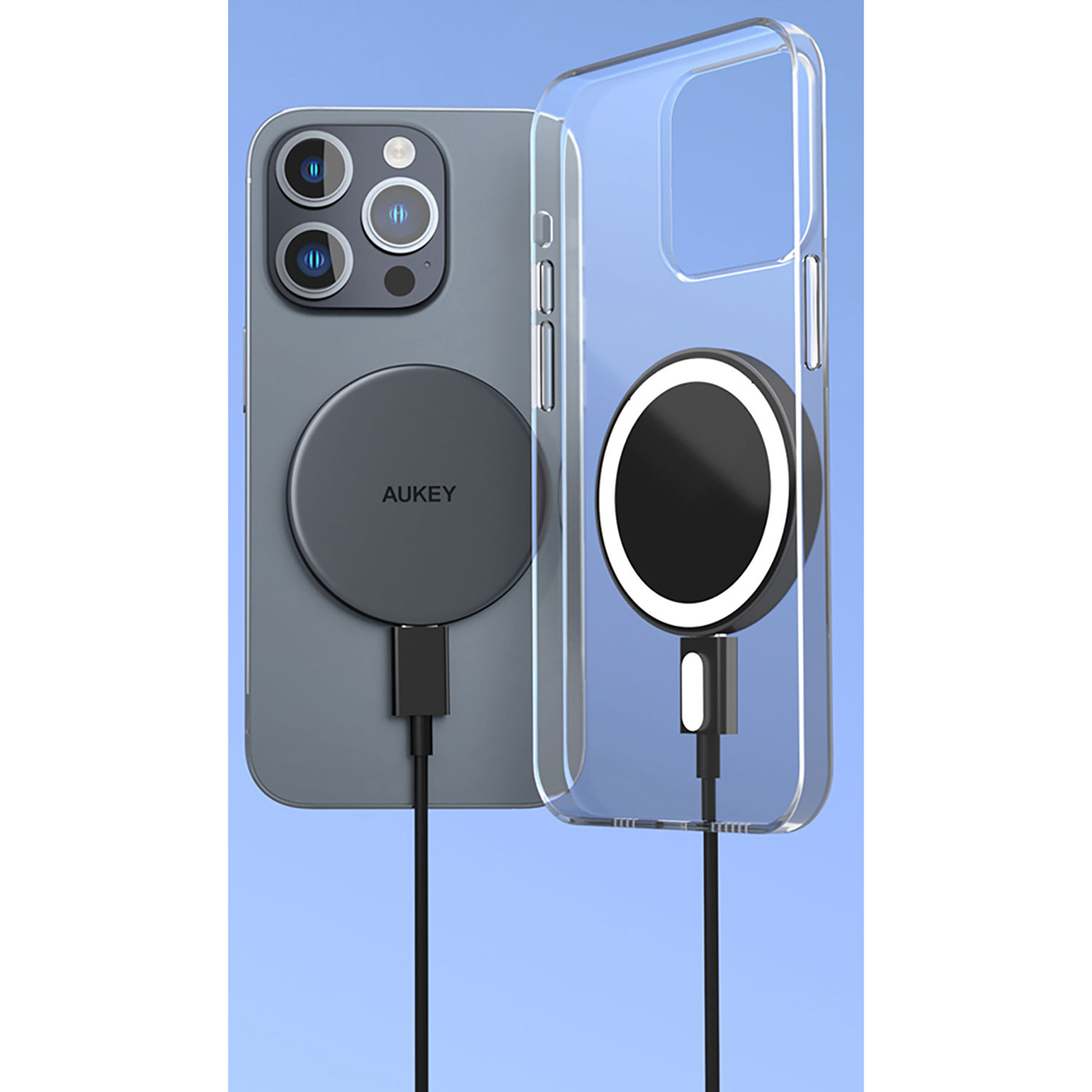 Chargeur magnétique sans fil de 15 W MagFusion Aura Qi2 d'AUKEY - Gris spatial