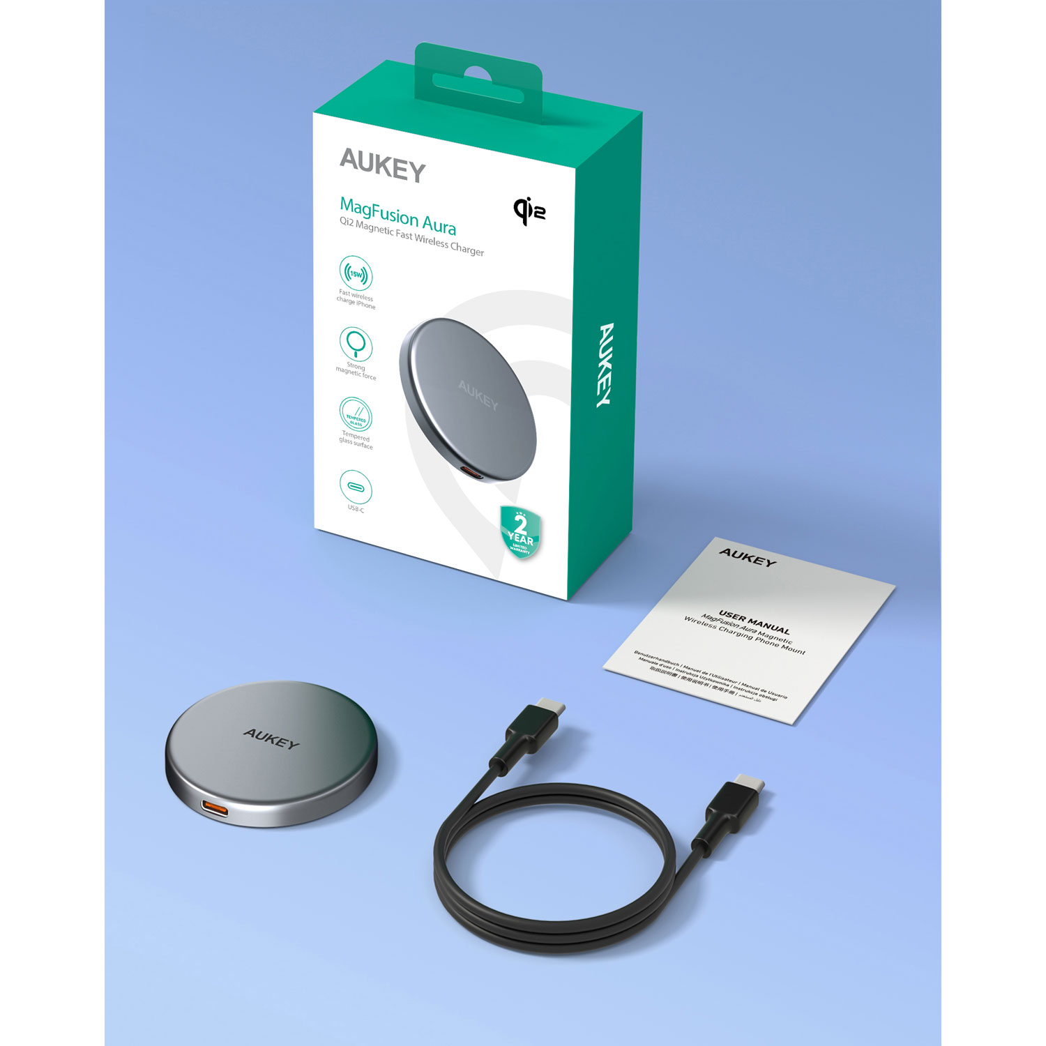 Chargeur magnétique sans fil de 15 W MagFusion Aura Qi2 d'AUKEY - Gris spatial