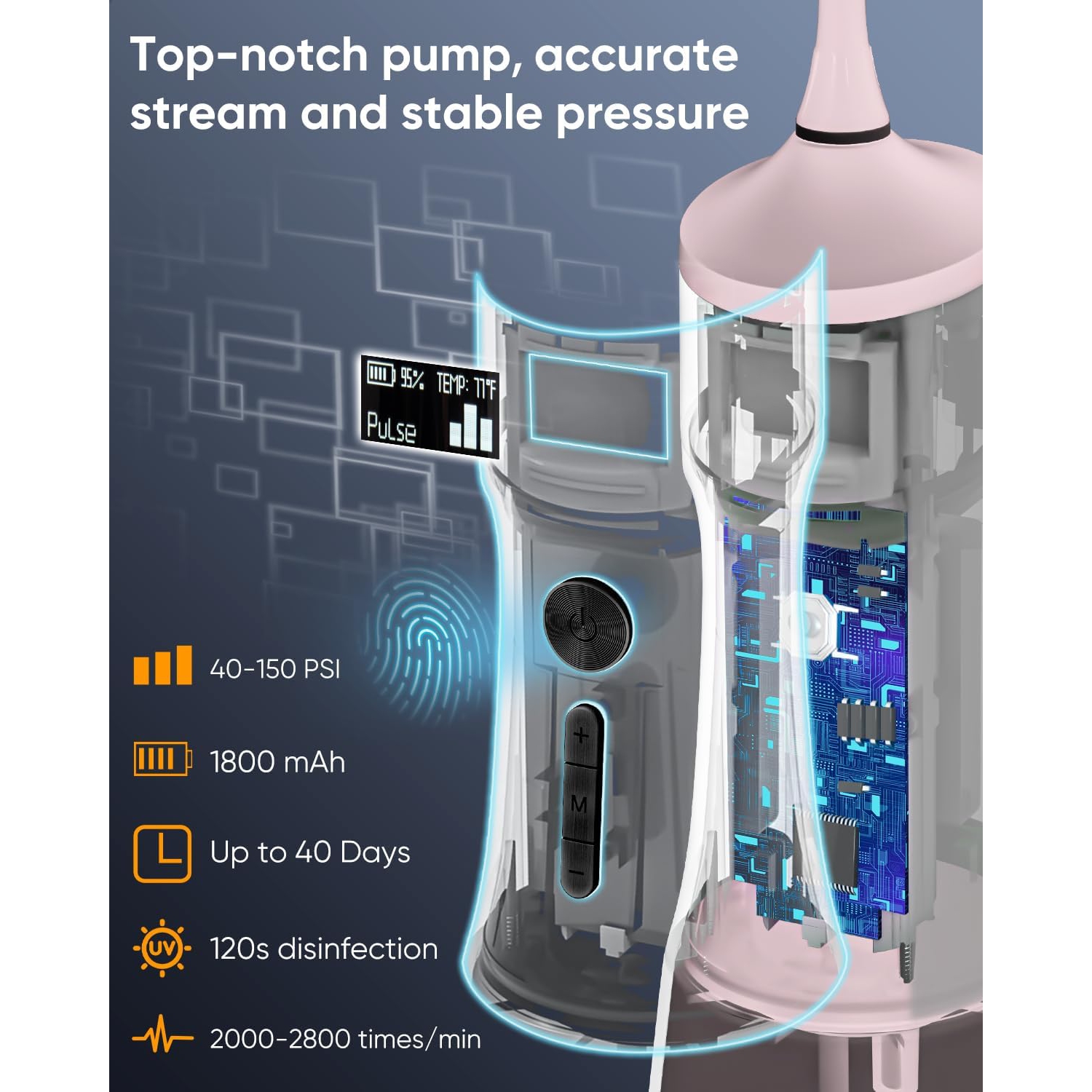 MySmile LP221 UVC Sterilizable Cordless Water Flossers for Teeth 335ML Portable OLED Display Dental Flosser with 4 Modes 8 Jet Tips and a Storage
