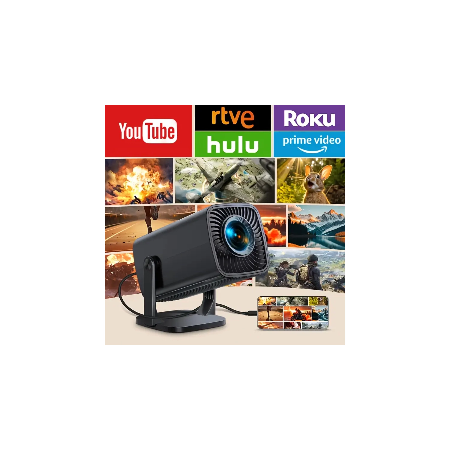 Mini projecteur portatif avec rotation à 180°, HD intégrale 1920 x 1080P, compatibilité avec plusieurs appareils, usage intérieur/extérieur - Fiche