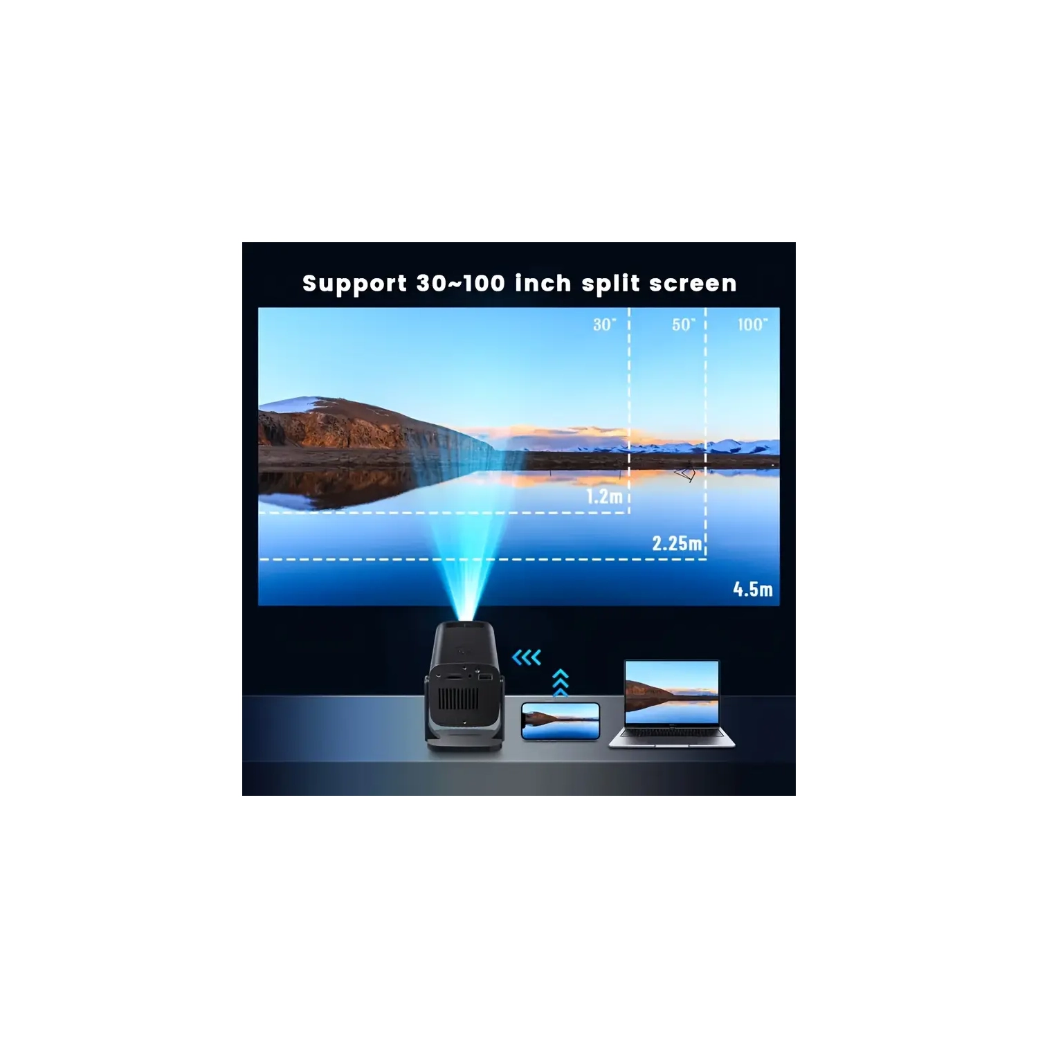 Mini projecteur portatif avec rotation à 180°, HD intégrale 1920 x 1080P, compatibilité avec plusieurs appareils, usage intérieur/extérieur - Fiche