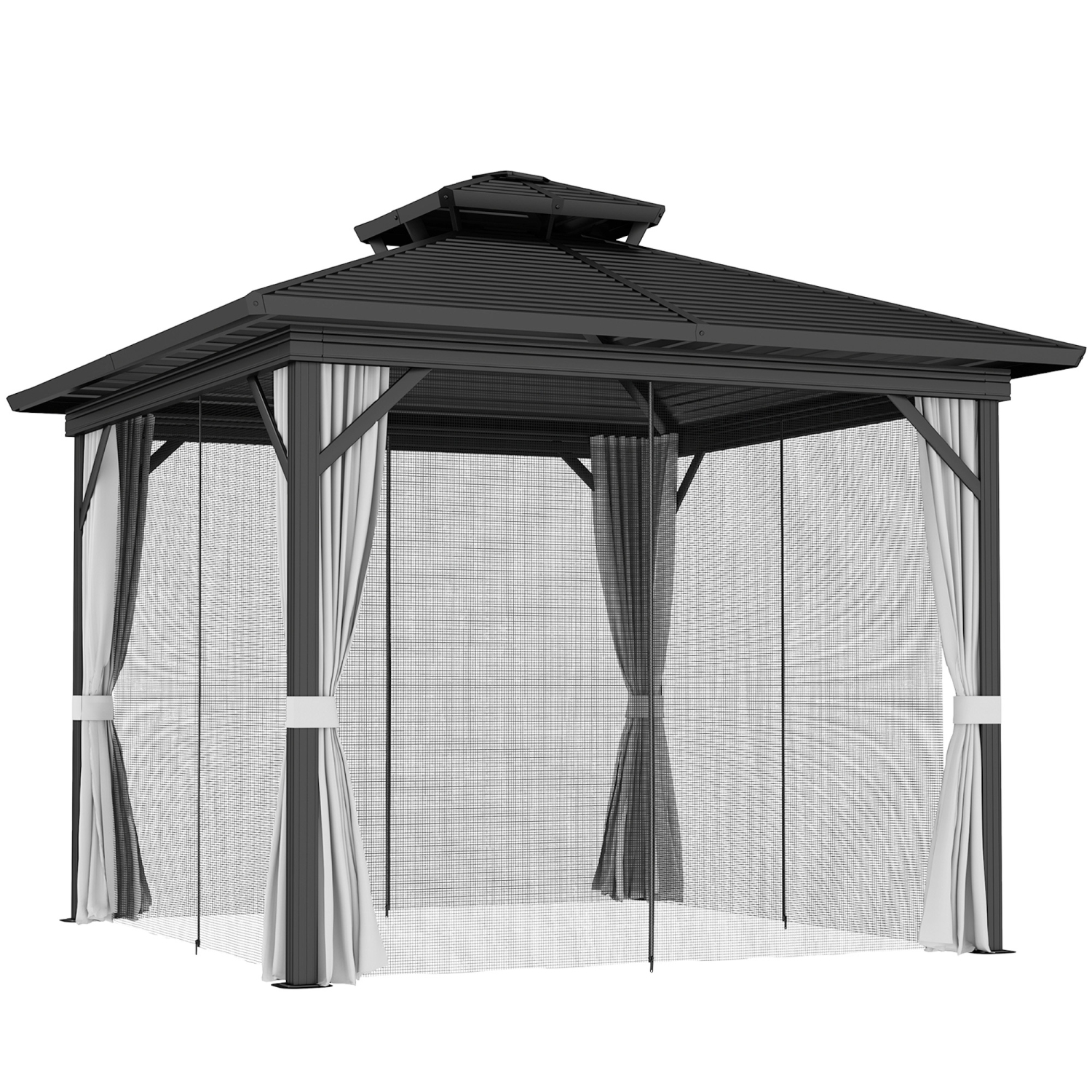 Abri de jardin Outsunny à toit rigide de 10 x 10 pi, abri de jardin à cadre en aluminium avec toit en métal à deux niveaux, moustiquaire, rideaux et