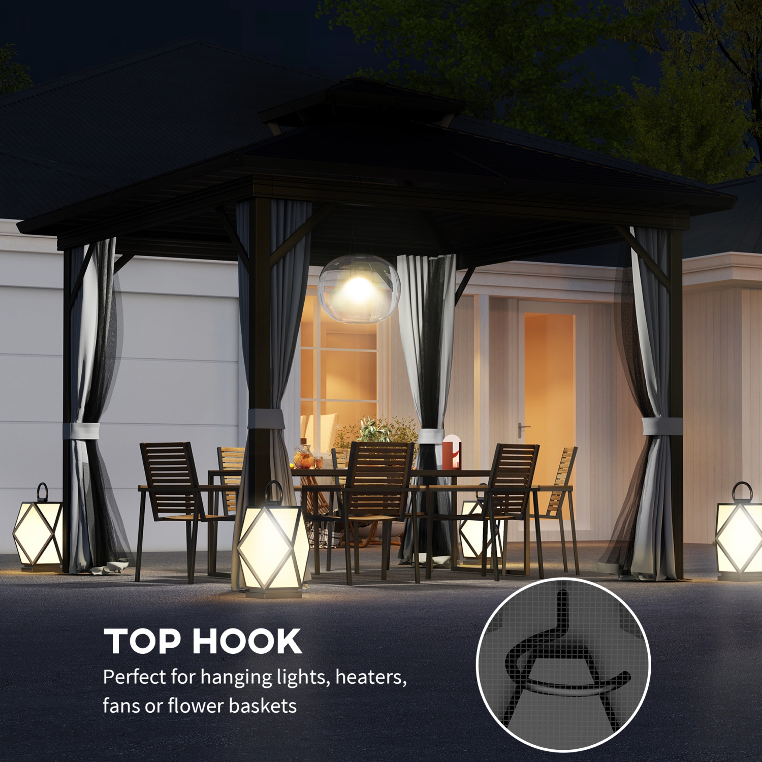 Abri de jardin Outsunny à toit rigide de 10 x 10 pi, abri de jardin à cadre en aluminium avec toit en métal à deux niveaux, moustiquaire, rideaux et