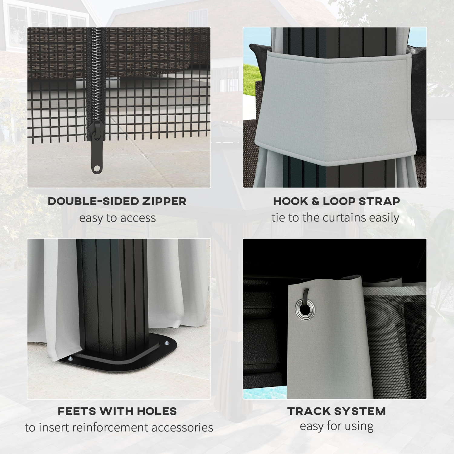 Abri de jardin Outsunny à toit rigide de 10 x 10 pi, abri de jardin à cadre en aluminium avec toit en métal à deux niveaux, moustiquaire, rideaux et