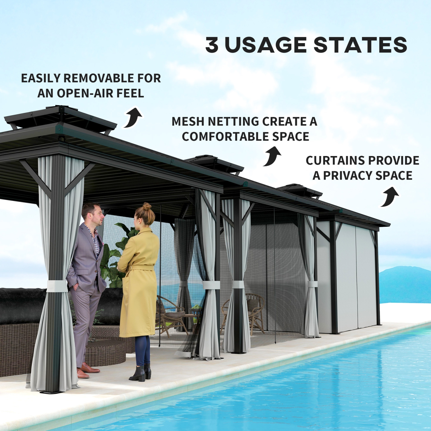 Abri de jardin Outsunny à toit rigide de 10 x 10 pi, abri de jardin à cadre en aluminium avec toit en métal à deux niveaux, moustiquaire, rideaux et