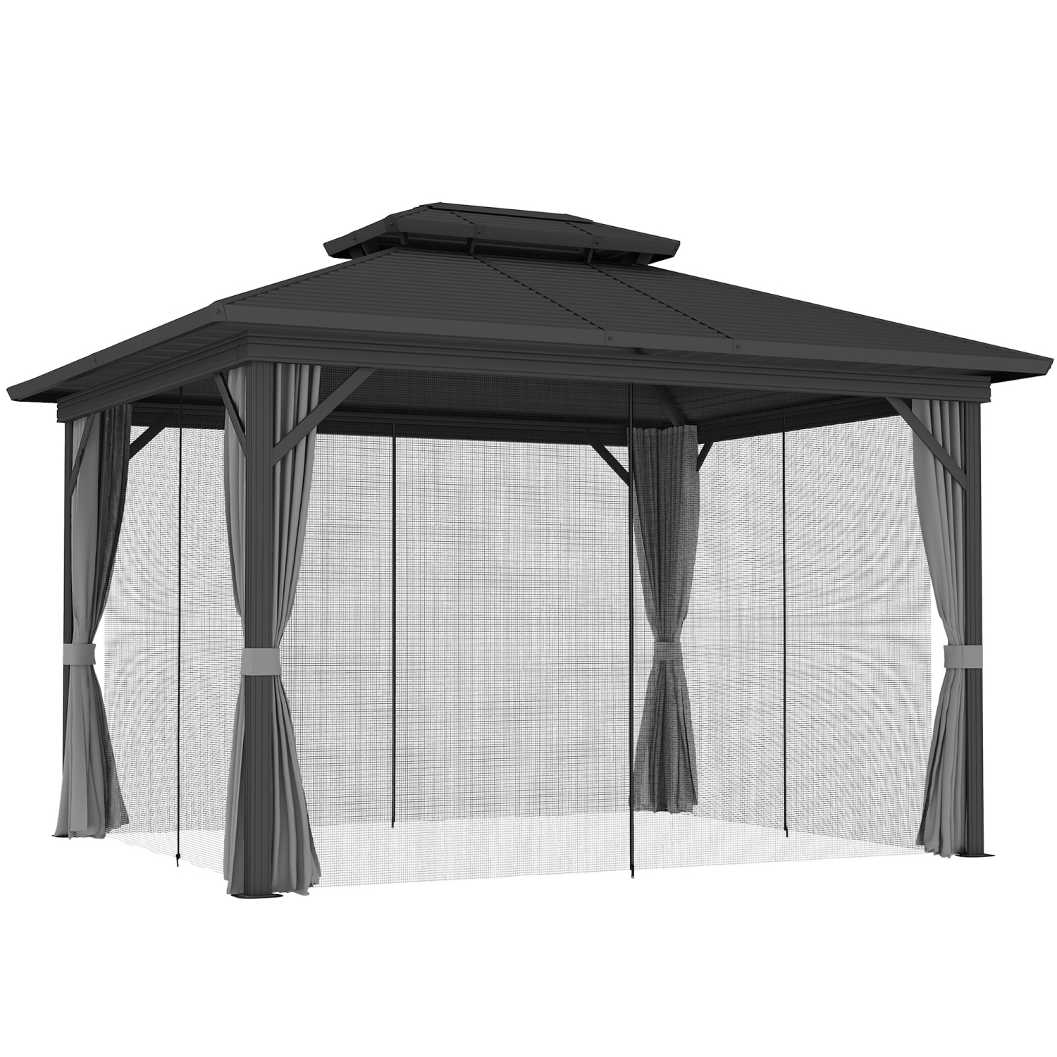 Abri de jardin Outsunny à toit rigide de 10 x 12 pi, abri de jardin à cadre en aluminium avec toit en métal à deux niveaux, moustiquaire, rideaux et