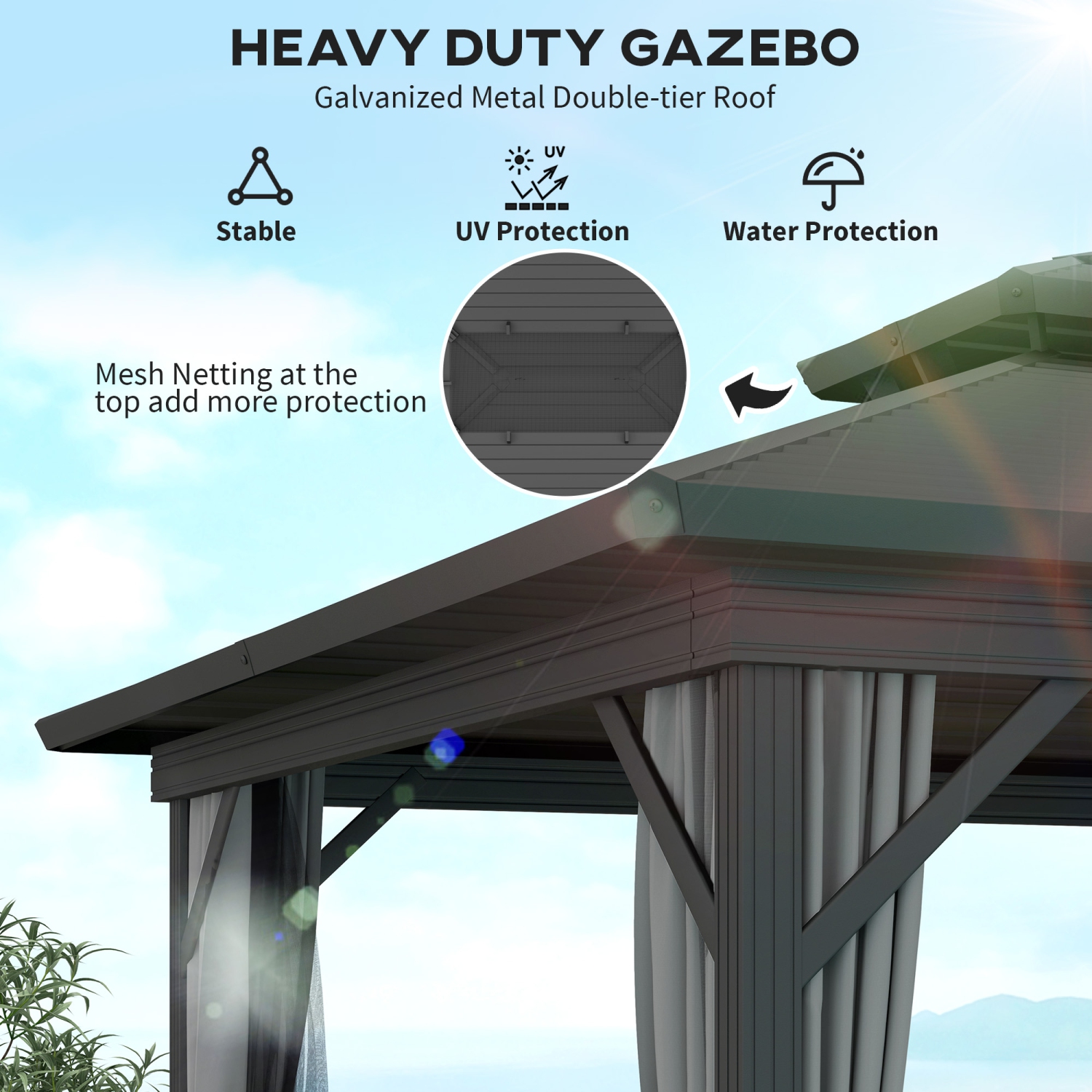 Abri de jardin Outsunny à toit rigide de 10 x 12 pi, abri de jardin à cadre en aluminium avec toit en métal à deux niveaux, moustiquaire, rideaux et