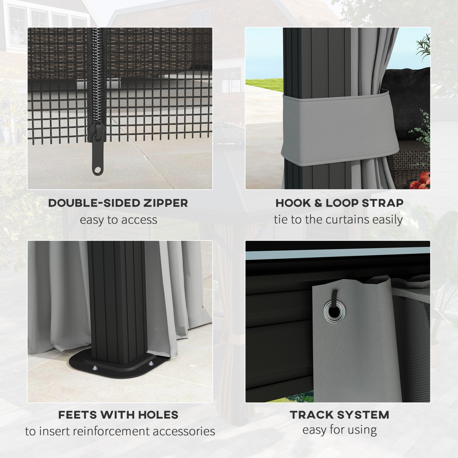 Abri de jardin Outsunny à toit rigide de 10 x 12 pi, abri de jardin à cadre en aluminium avec toit en métal à deux niveaux, moustiquaire, rideaux et