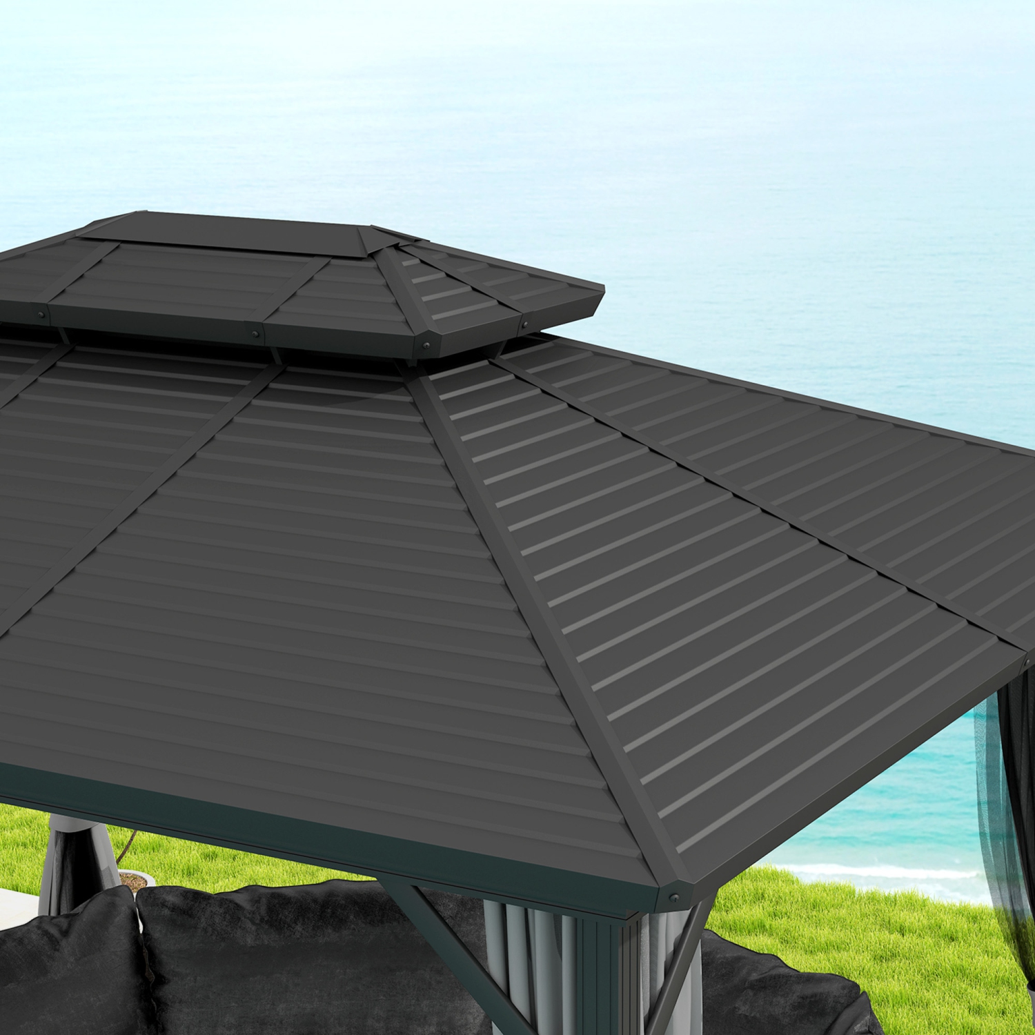 Abri de jardin Outsunny à toit rigide de 10 x 12 pi, abri de jardin à cadre en aluminium avec toit en métal à deux niveaux, moustiquaire, rideaux et