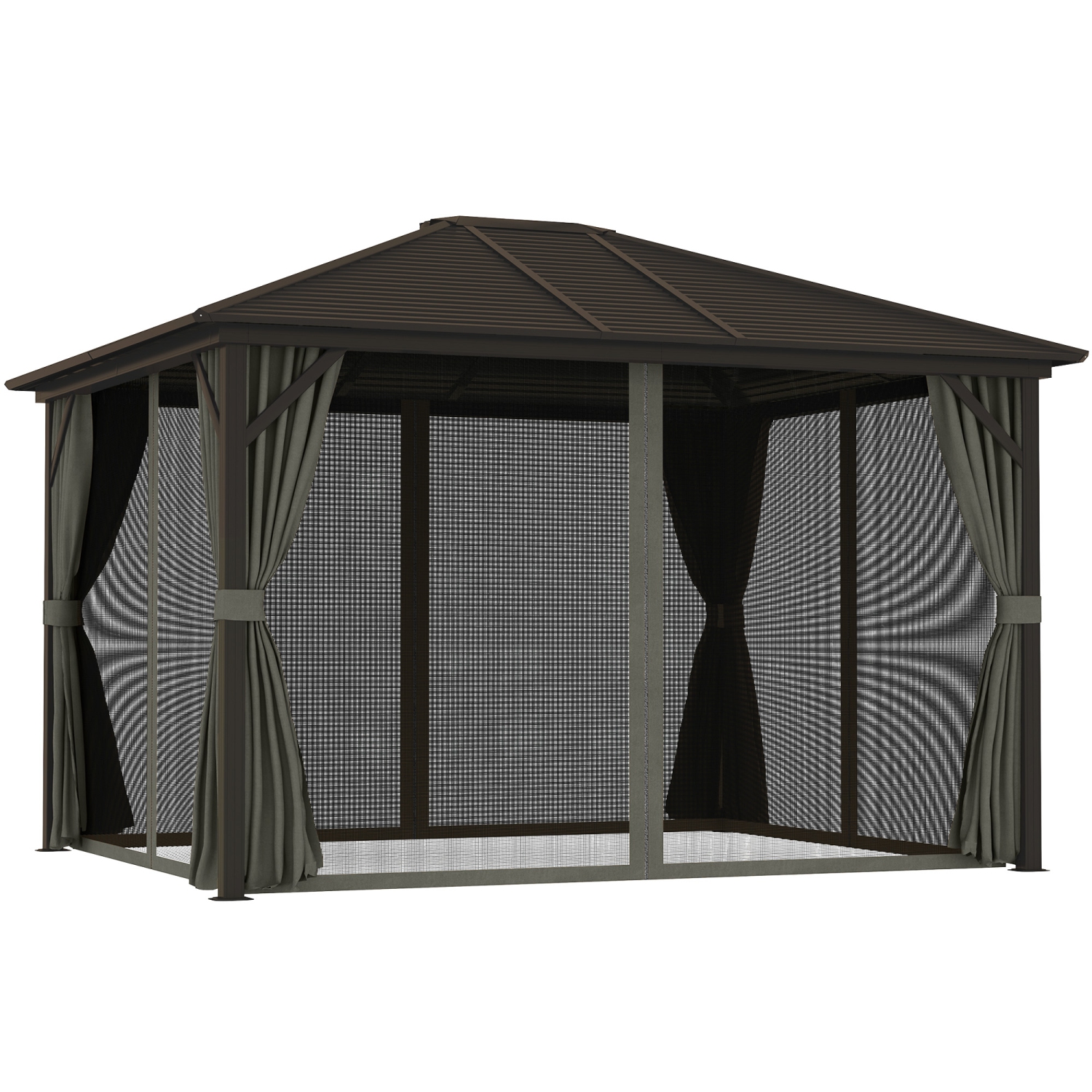 Abri de jardin de luxe Outsunny, toit en métal, 10 x 12 pi, cadre en aluminium, abri de jardin extérieur avec rideaux et moustiquaire, gris