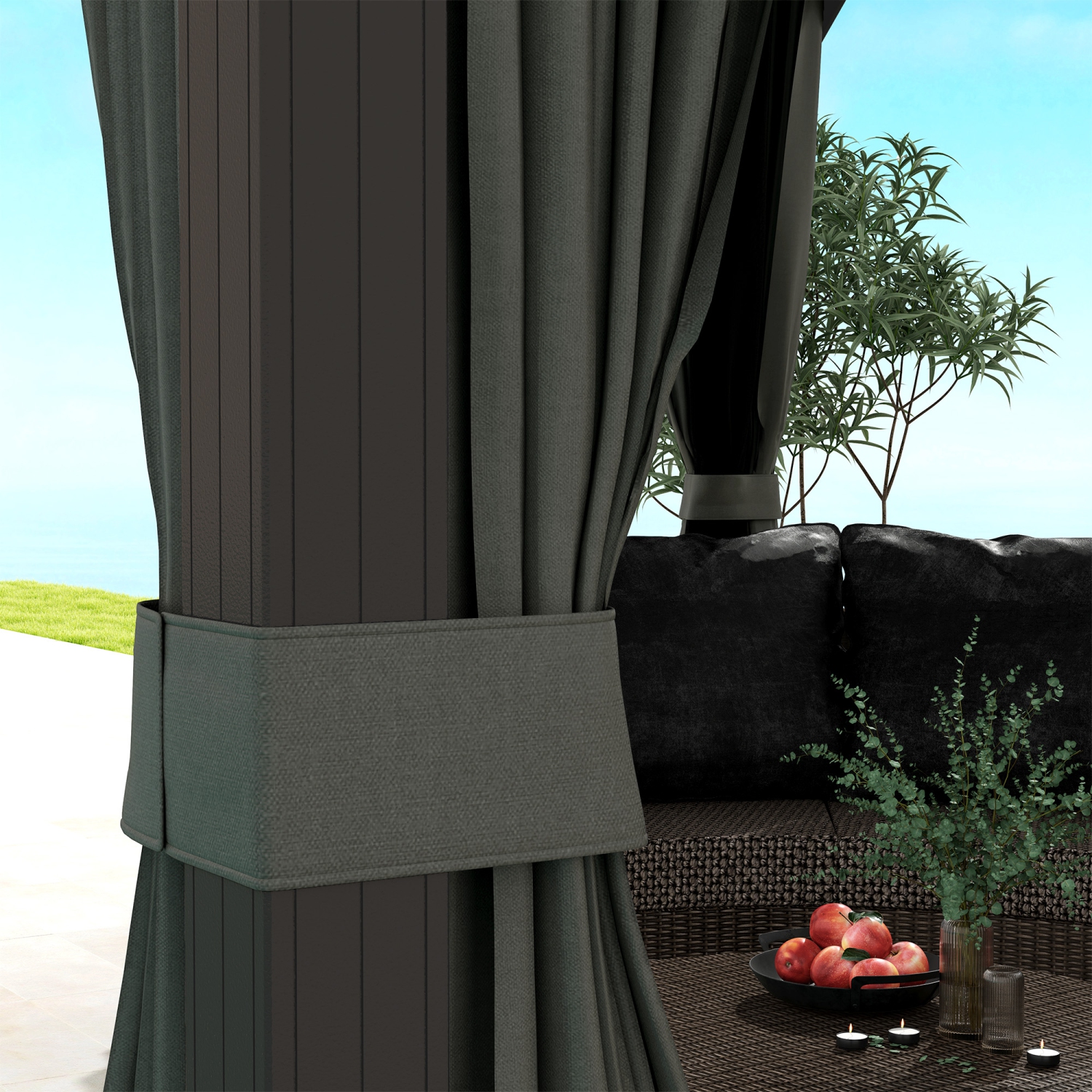 Abri de jardin de luxe Outsunny, toit en métal, 10 x 12 pi, cadre en aluminium, abri de jardin extérieur avec rideaux et moustiquaire, gris