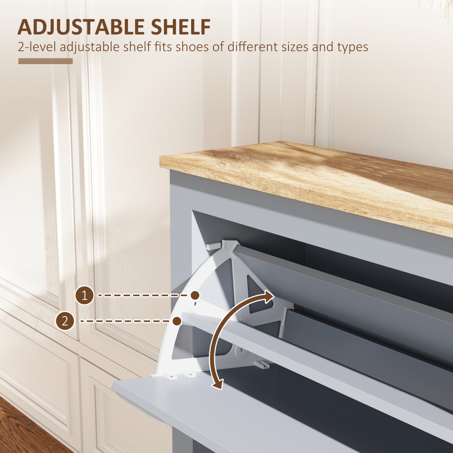 HOMCOM Narrow Shoe Cabinet with 2 Flip Drawers, Slim Shoe Storage Cabinet with Adjustable Shelves for 12 Pairs of Shoes for Entryway, Hallway, Grey