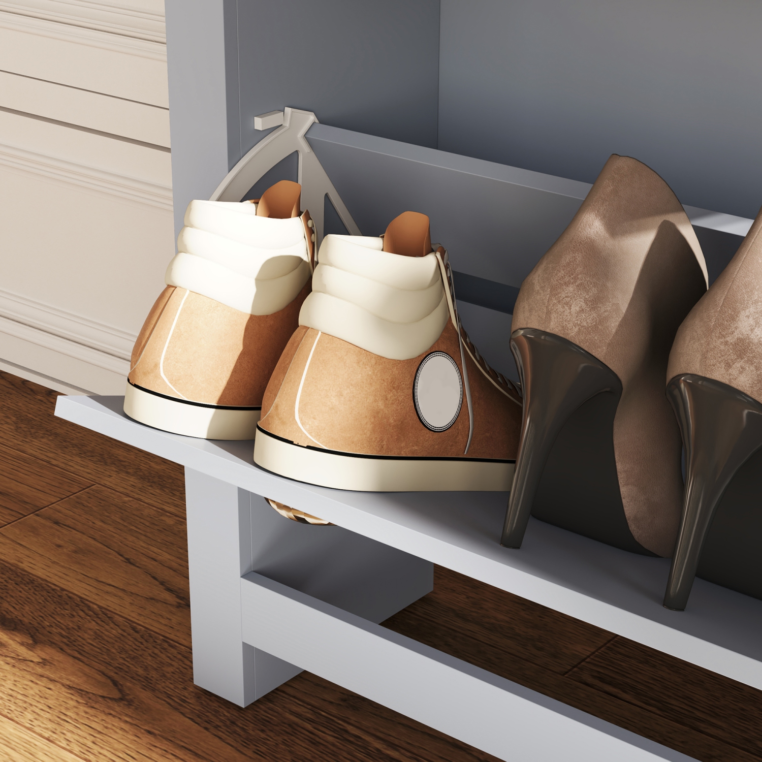 HOMCOM Narrow Shoe Cabinet with 2 Flip Drawers, Slim Shoe Storage Cabinet with Adjustable Shelves for 12 Pairs of Shoes for Entryway, Hallway, Grey