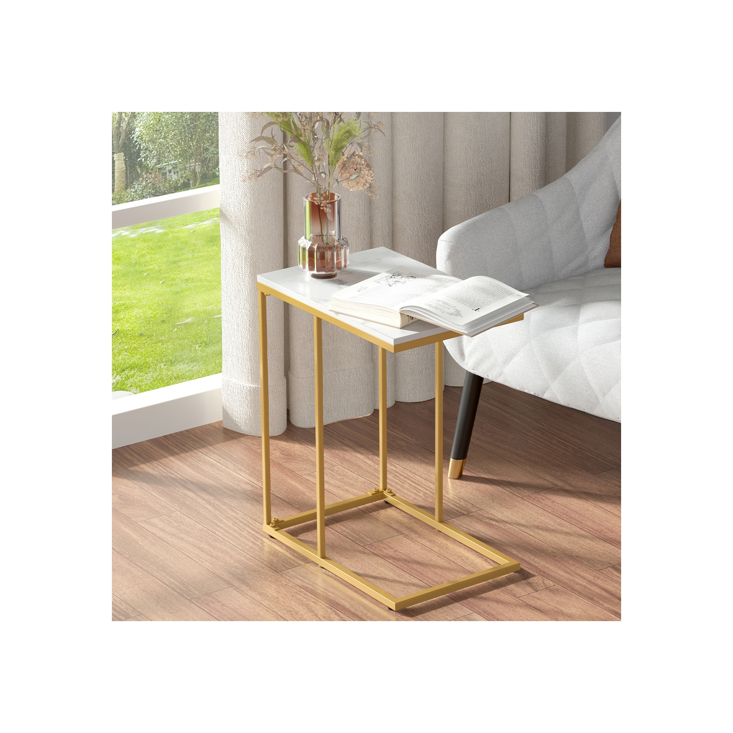 Modern C Shape Side Table Gold Coffee Accent Sofa End Table Slim High Gloss Marble Tabletop with Golden Metal Legs Laptop Snack for Home Office