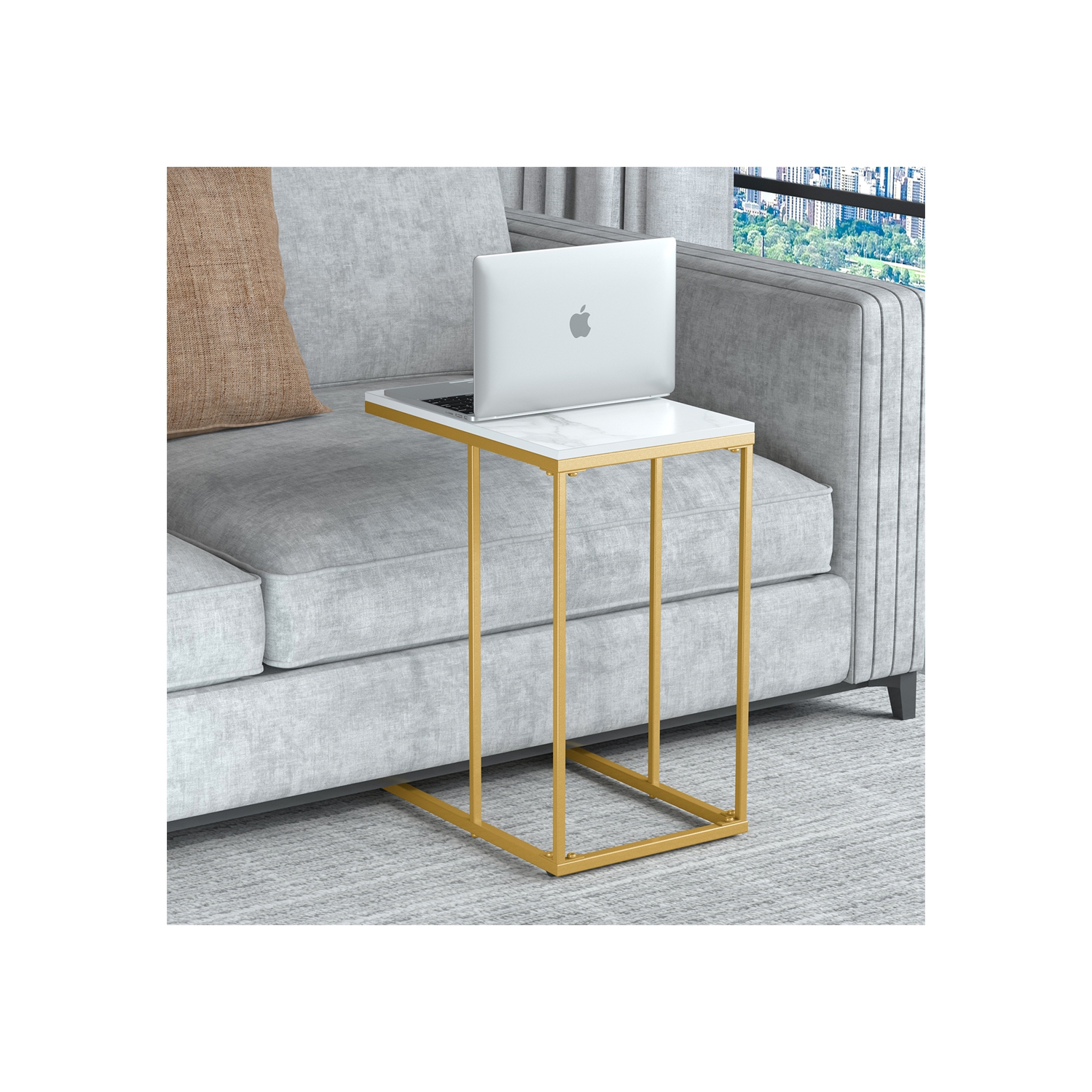 Modern C Shape Side Table Gold Coffee Accent Sofa End Table Slim High Gloss Marble Tabletop with Golden Metal Legs Laptop Snack for Home Office
