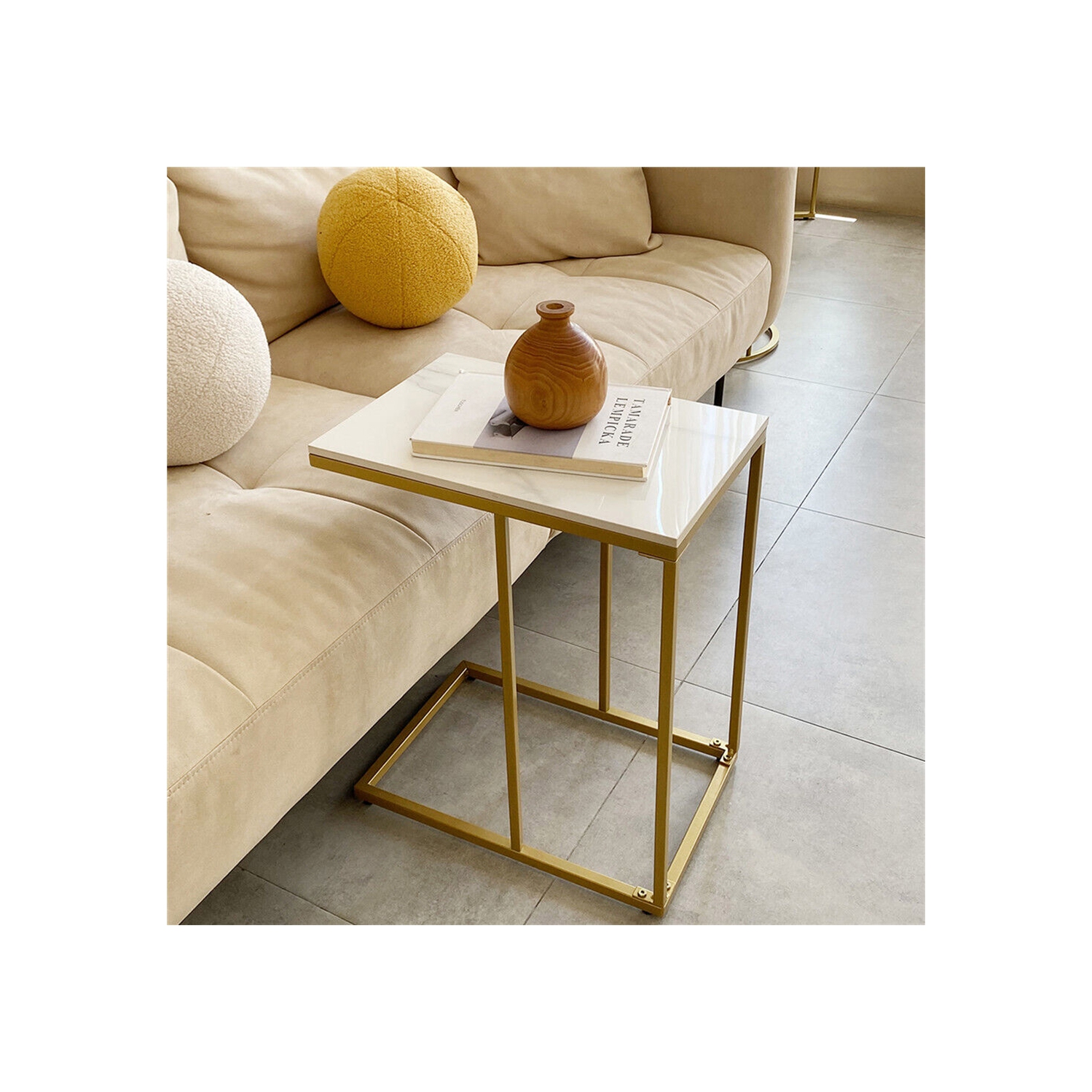 Modern C Shape Side Table Gold Coffee Accent Sofa End Table Slim High Gloss Marble Tabletop with Golden Metal Legs Laptop Snack for Home Office