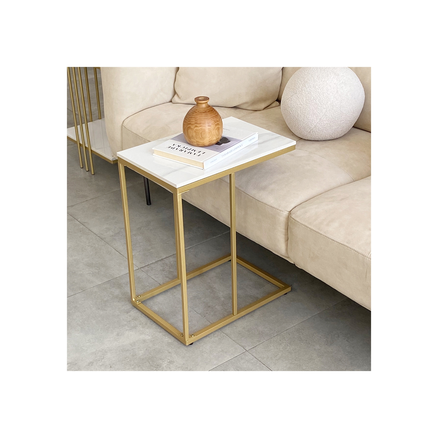 Modern C Shape Side Table Gold Coffee Accent Sofa End Table Slim High Gloss Marble Tabletop with Golden Metal Legs Laptop Snack for Home Office