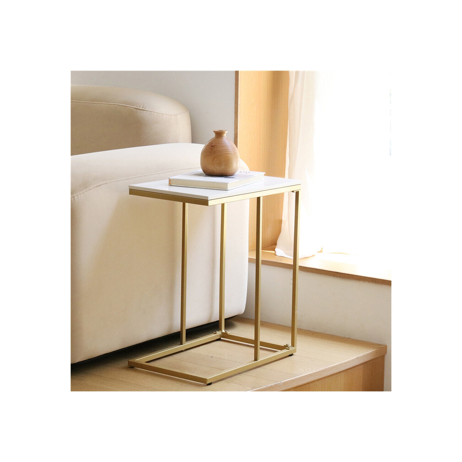 Modern C Shape Side Table Gold Coffee Accent Sofa End Table Slim High Gloss Marble Tabletop with Golden Metal Legs Laptop Snack for Home Office