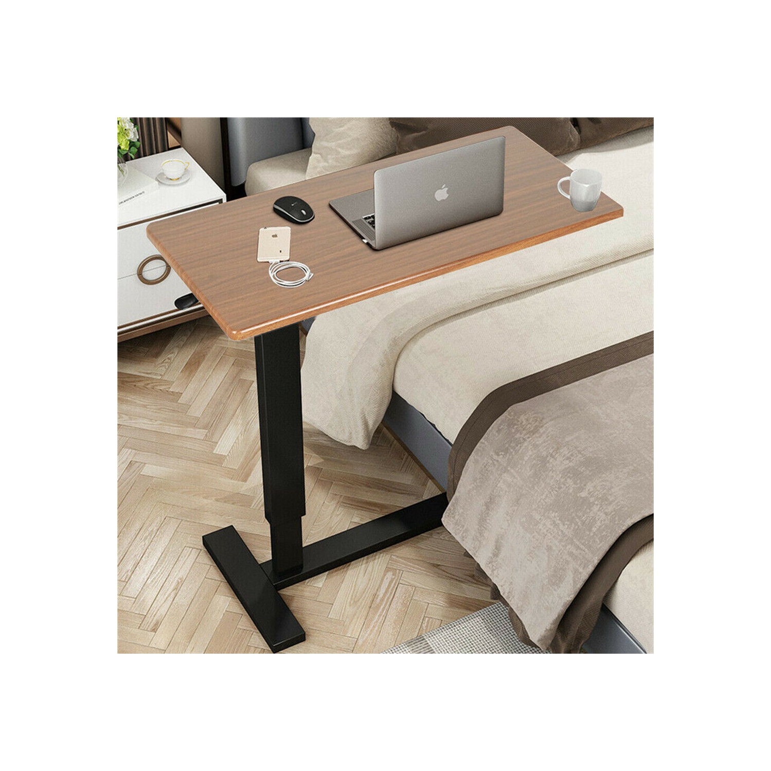 Medical Adjustable Tilt Overbed Bedside Table with Wheels Pneumatic Mobile Standing Laptop Desk Rolling Computer Cart Movable Bed Hospital Home Use
