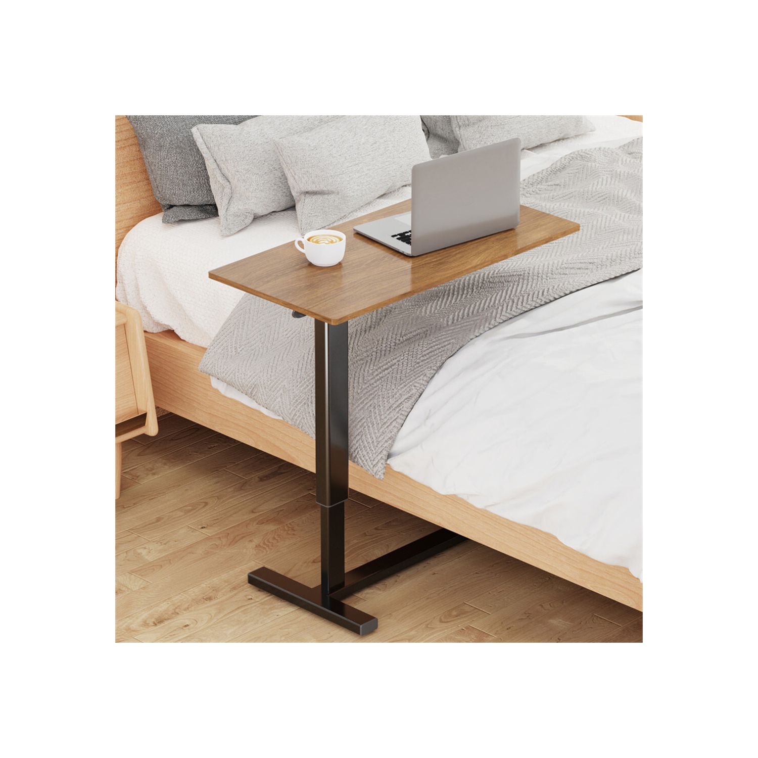 Medical Adjustable Tilt Overbed Bedside Table with Wheels Pneumatic Mobile Standing Laptop Desk Rolling Computer Cart Movable Bed Hospital Home Use