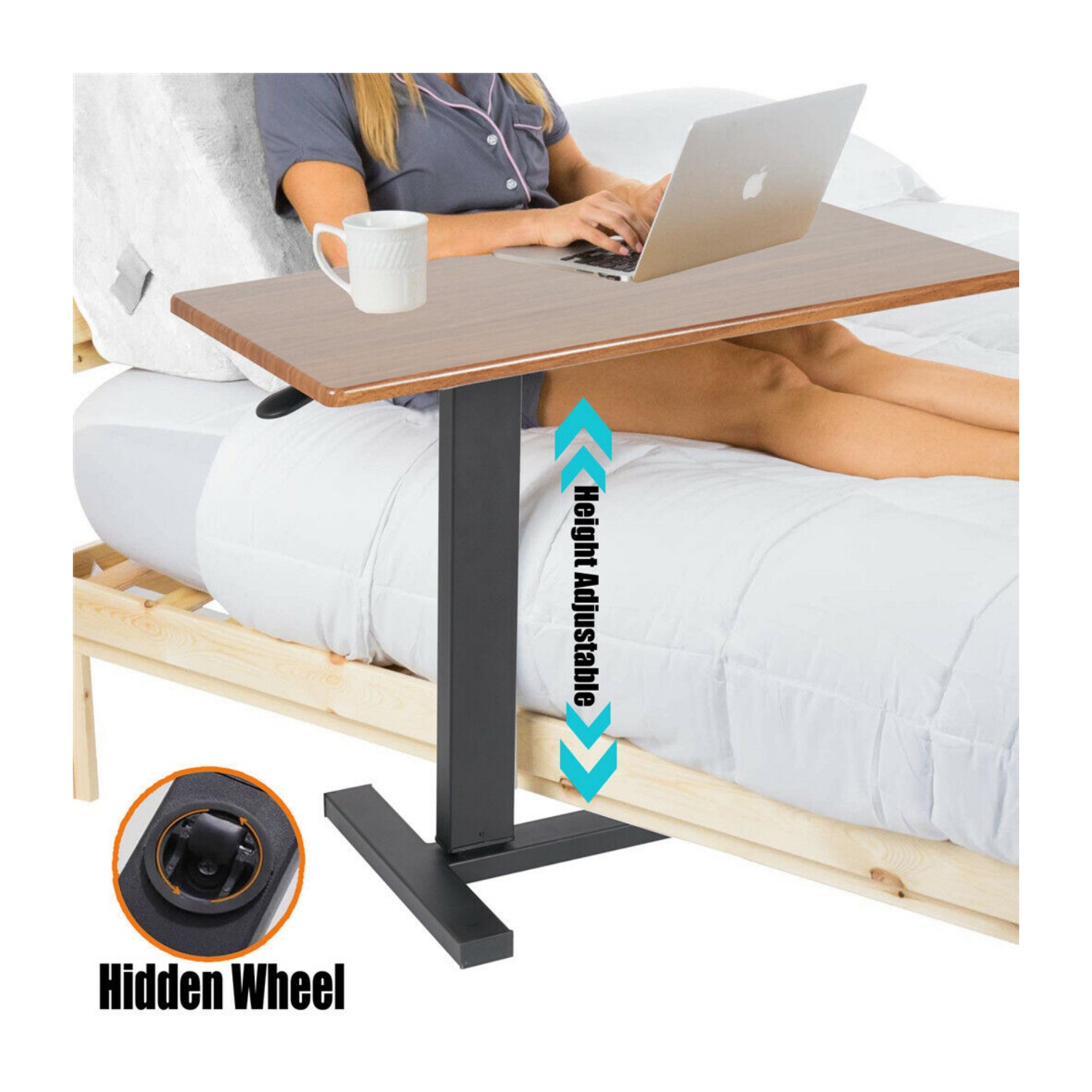 Medical Adjustable Tilt Overbed Bedside Table with Wheels Pneumatic Mobile Standing Laptop Desk Rolling Computer Cart Movable Bed Hospital Home Use