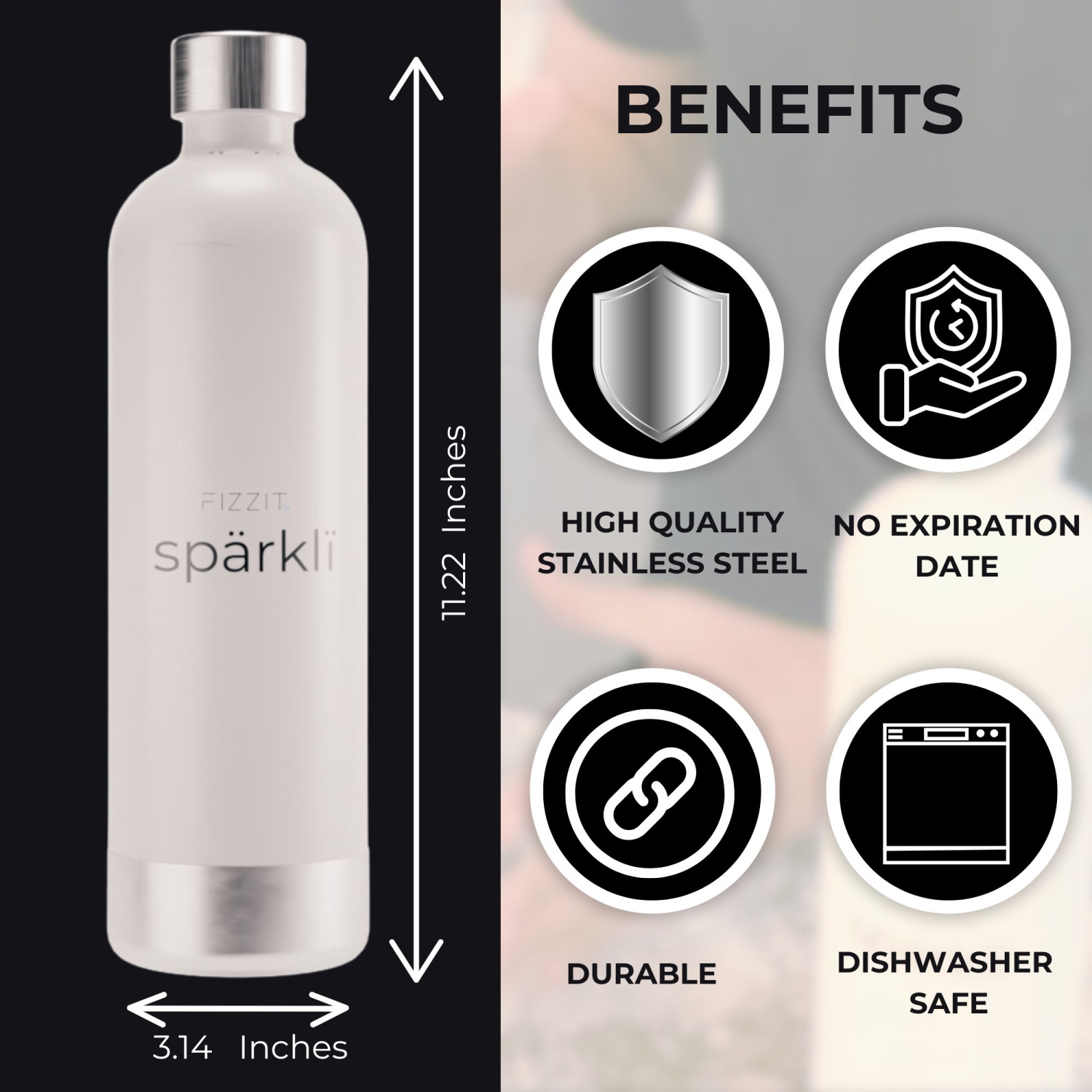 FIZZIT Stainless Steel Carbonation Bottle and Water Bottle | Compatible With Philips Carbonation Soda Maker and Aarke Soda Makers, Dishwasher Safe