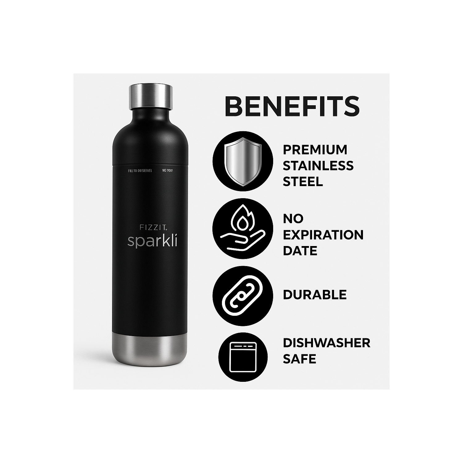 Bouteille de gazéification en acier inoxydable et bouteille d'eau de FIZZIT | Compatible avec la machine à soda de carbonation Philips et les