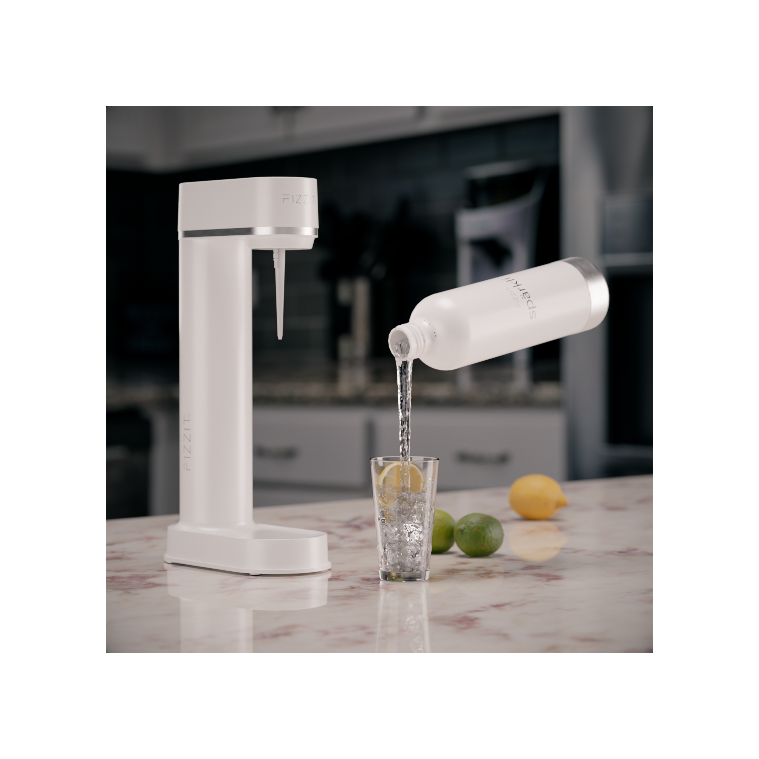 FIZZIT Stainless Steel White Sparkling Water and Soda Maker Machine with White Stainless Steel 1L Re-Usable Bottle