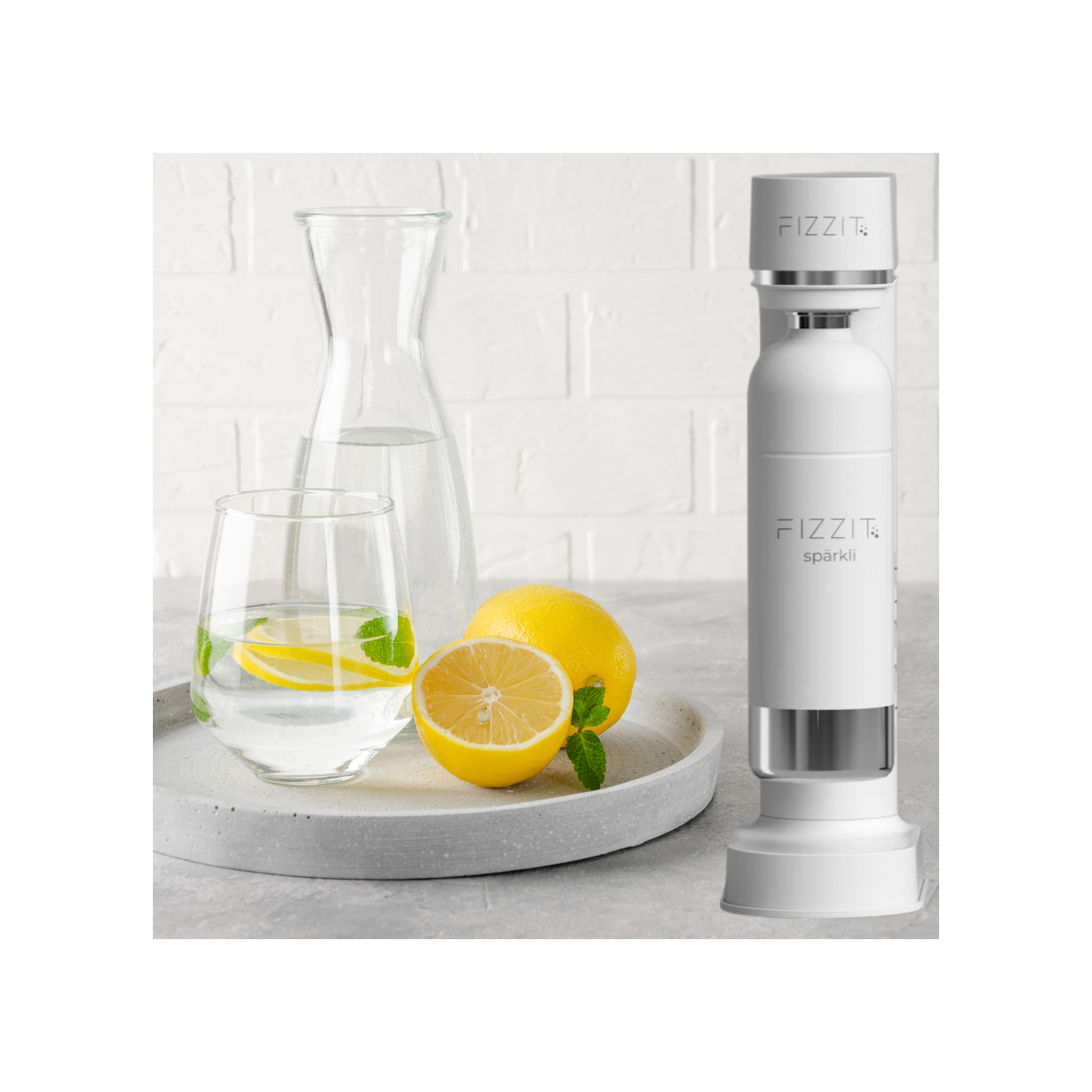 FIZZIT Stainless Steel White Sparkling Water and Soda Maker Machine with White Stainless Steel 1L Re-Usable Bottle