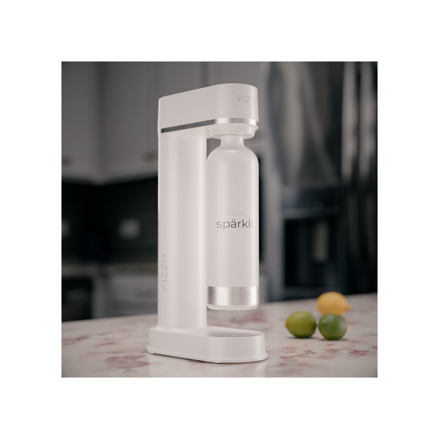 FIZZIT Stainless Steel White Sparkling Water and Soda Maker Machine with White Stainless Steel 1L Re-Usable Bottle