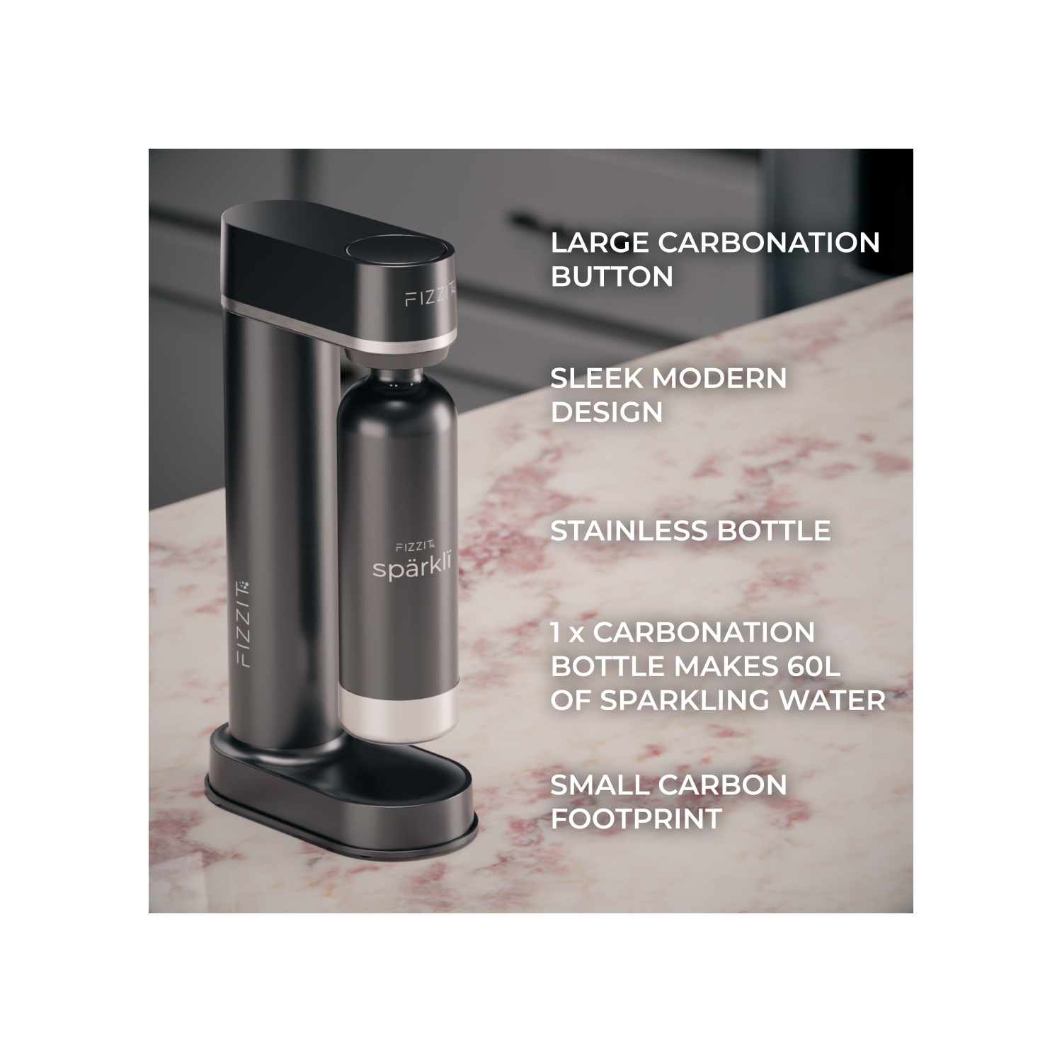 Machine à eau pétillante et à soda en acier inoxydable noir de FIZZIT avec bouteille réutilisable en acier inoxydable noir 3 de 1 litre