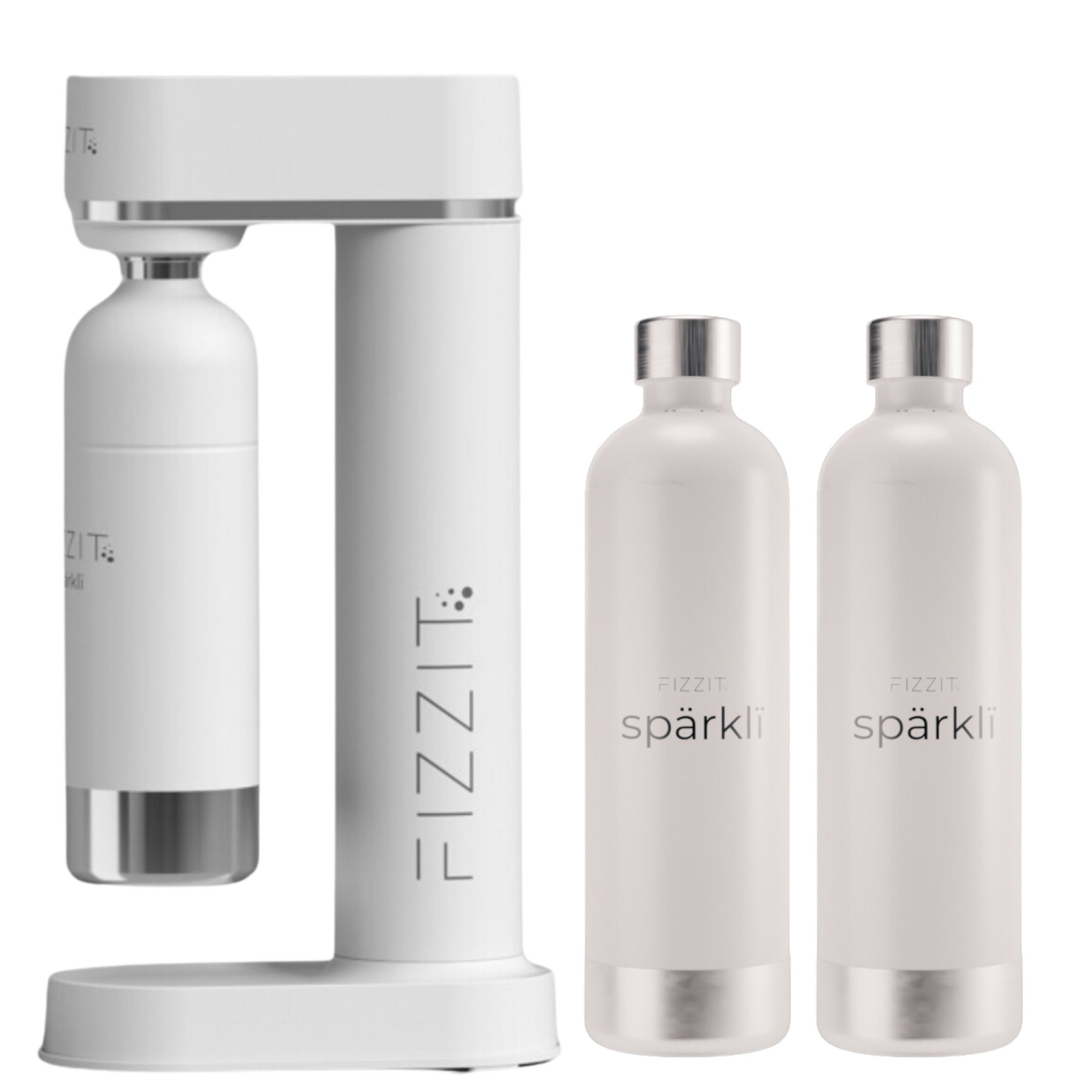 FIZZIT Stainless Steel White Sparkling Water and Soda Maker Machine with 2 White Stainless Steel 1 Liter Re-Usable Bottle
