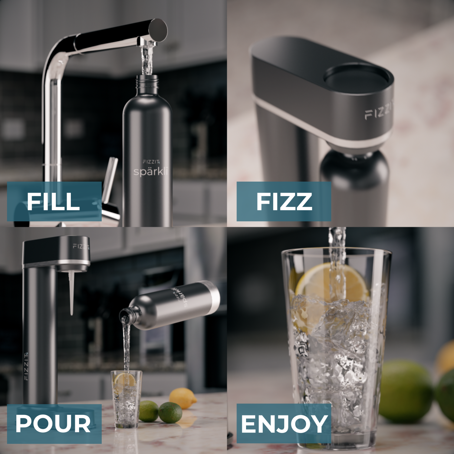 FIZZIT Stainless Steel Black Sparkling Water and Soda Maker Machine with Black Stainless Steel 1 Liter Re-Usable Bottle