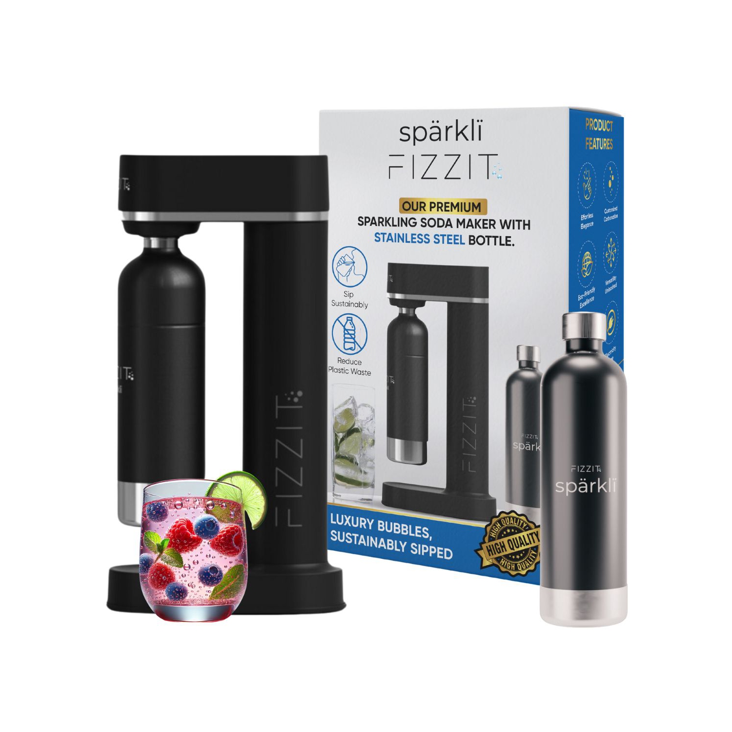 FIZZIT Stainless Steel Black Sparkling Water and Soda Maker Machine with Black Stainless Steel 1 Liter Re-Usable Bottle