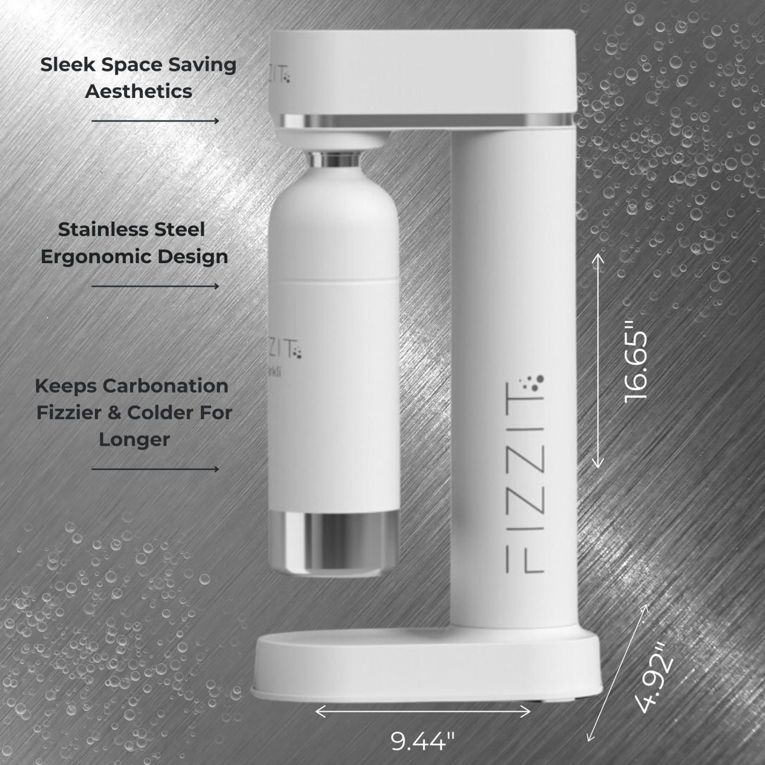 FIZZIT Stainless Steel White Sparkling Water and Soda Maker Machine with 3 White Stainless Steel Liter Re-Usable Bottle